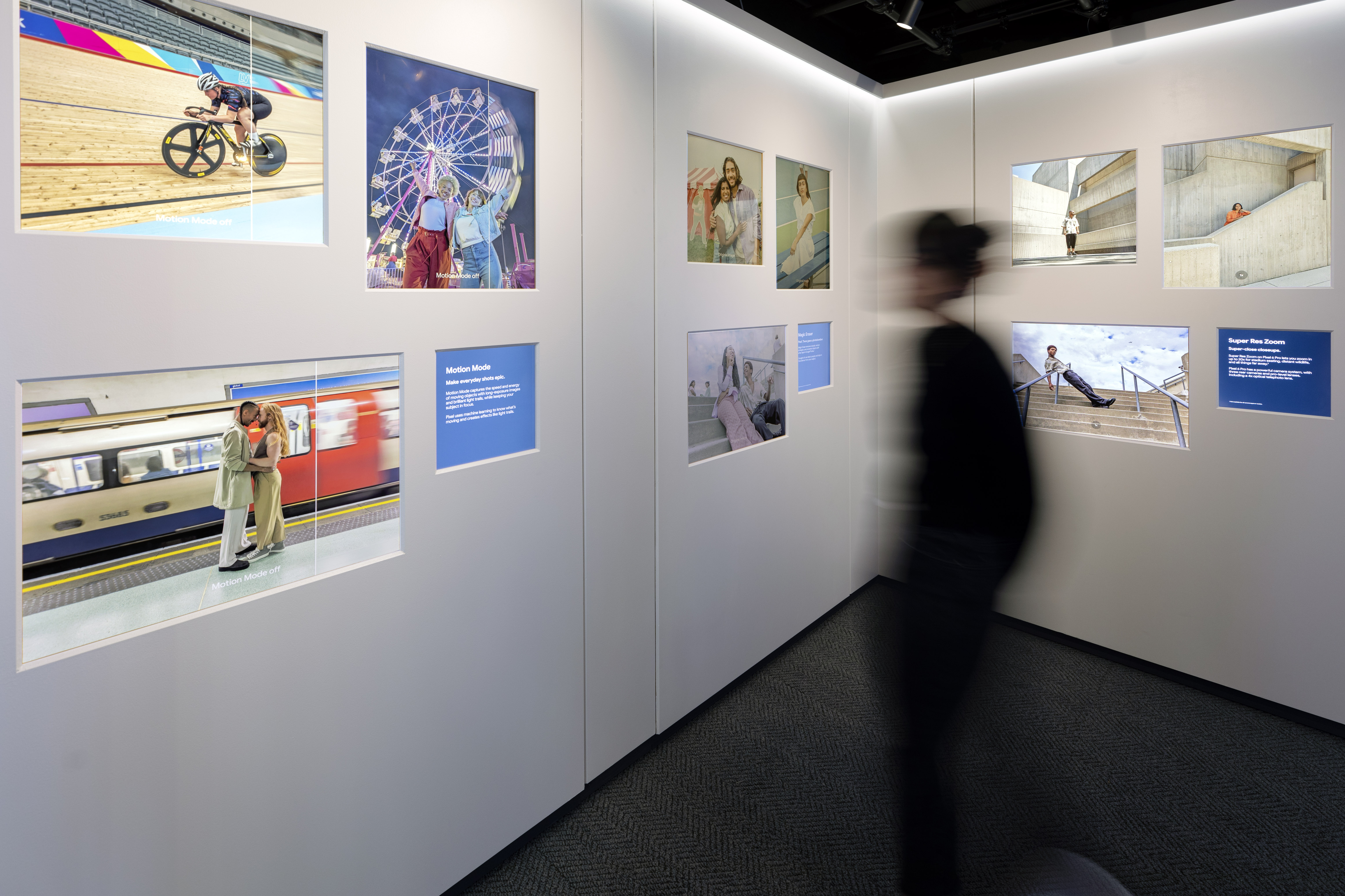 Google Pixel 6 Launch gallery experience — large-format prints showcasing Motion Mode, Magic Eraser, and Super Res Zoom camera features