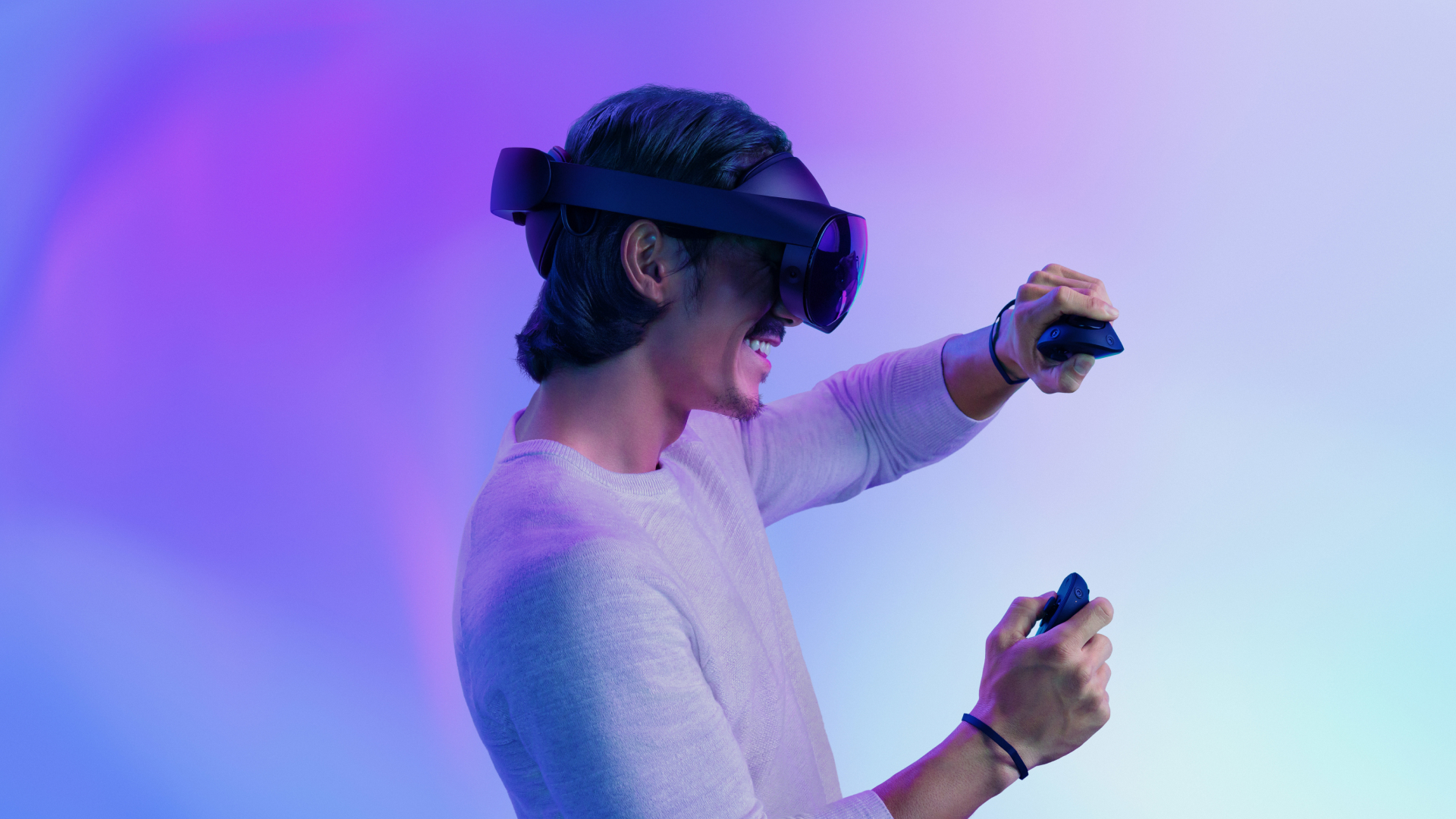 Meta NBA Crossover Game — person wearing a Meta VR headset and holding controllers against a purple gradient background
