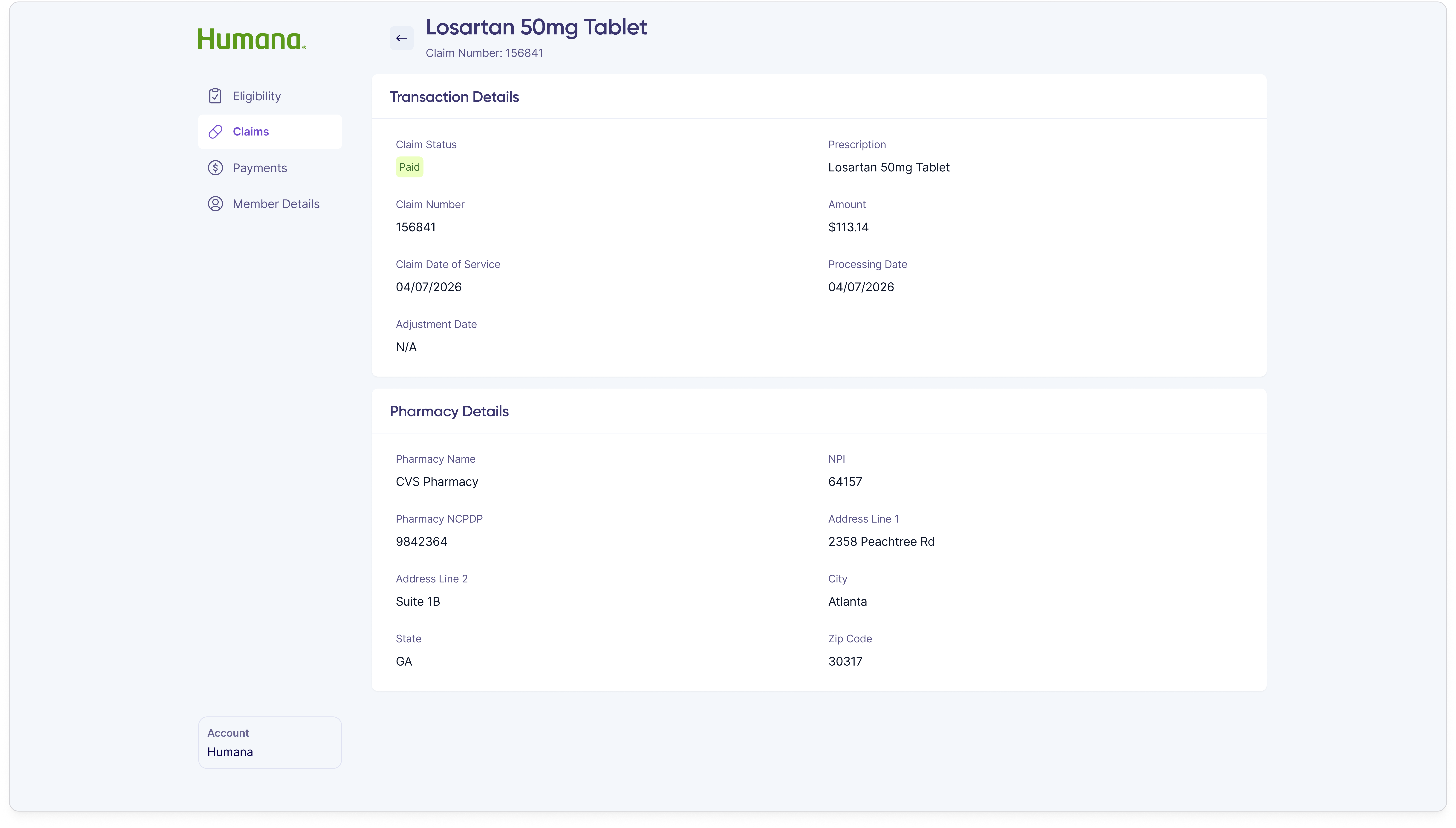Claim details view showing one prescription claim with pharmacy information, prescriber, drug and dosage, plan-paid and member-responsible amounts, and adjudication metadata.