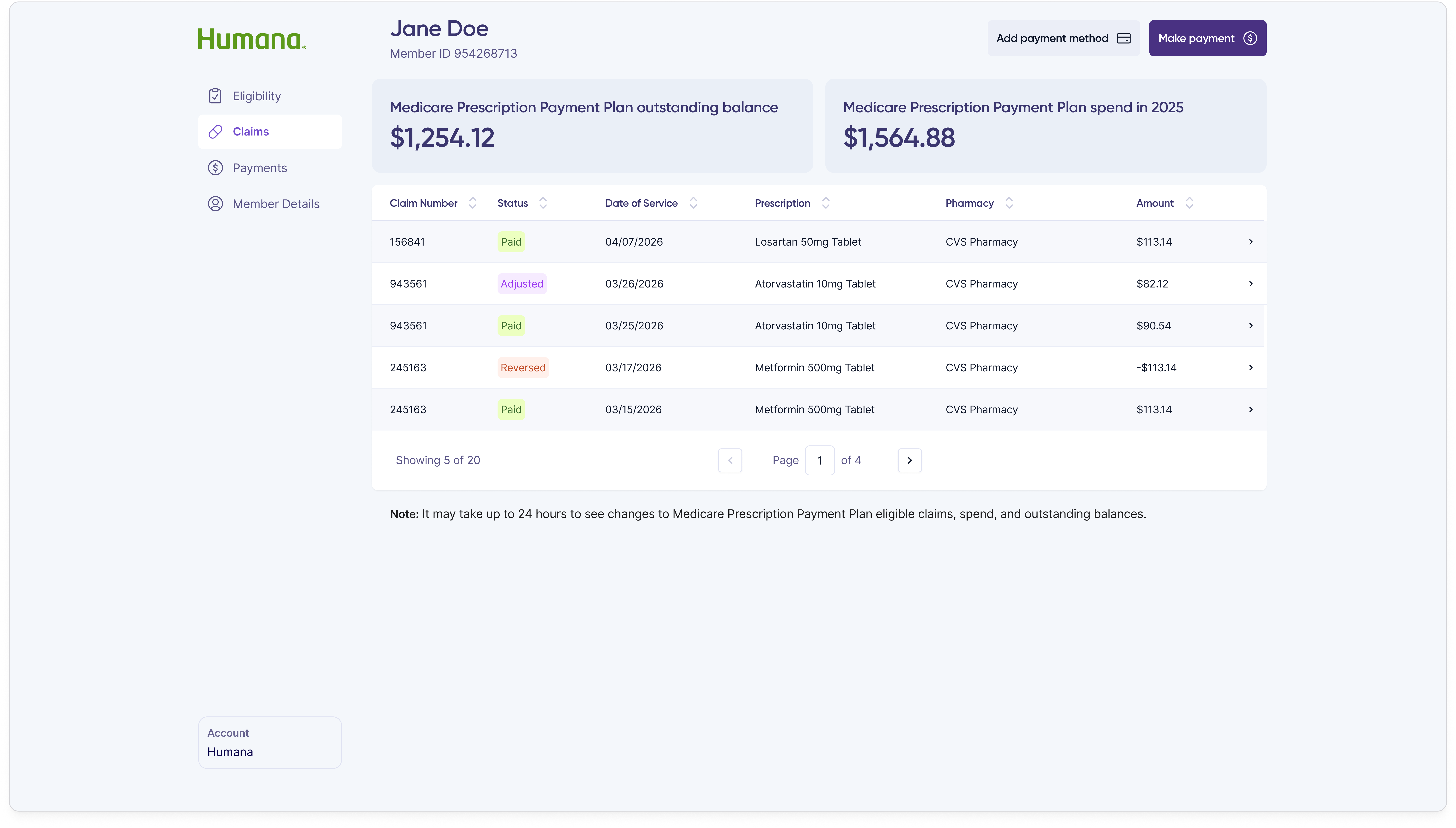 Claims tab listing the member's prescription claims with date filled, drug name, pharmacy, billed amount, and status for each claim.