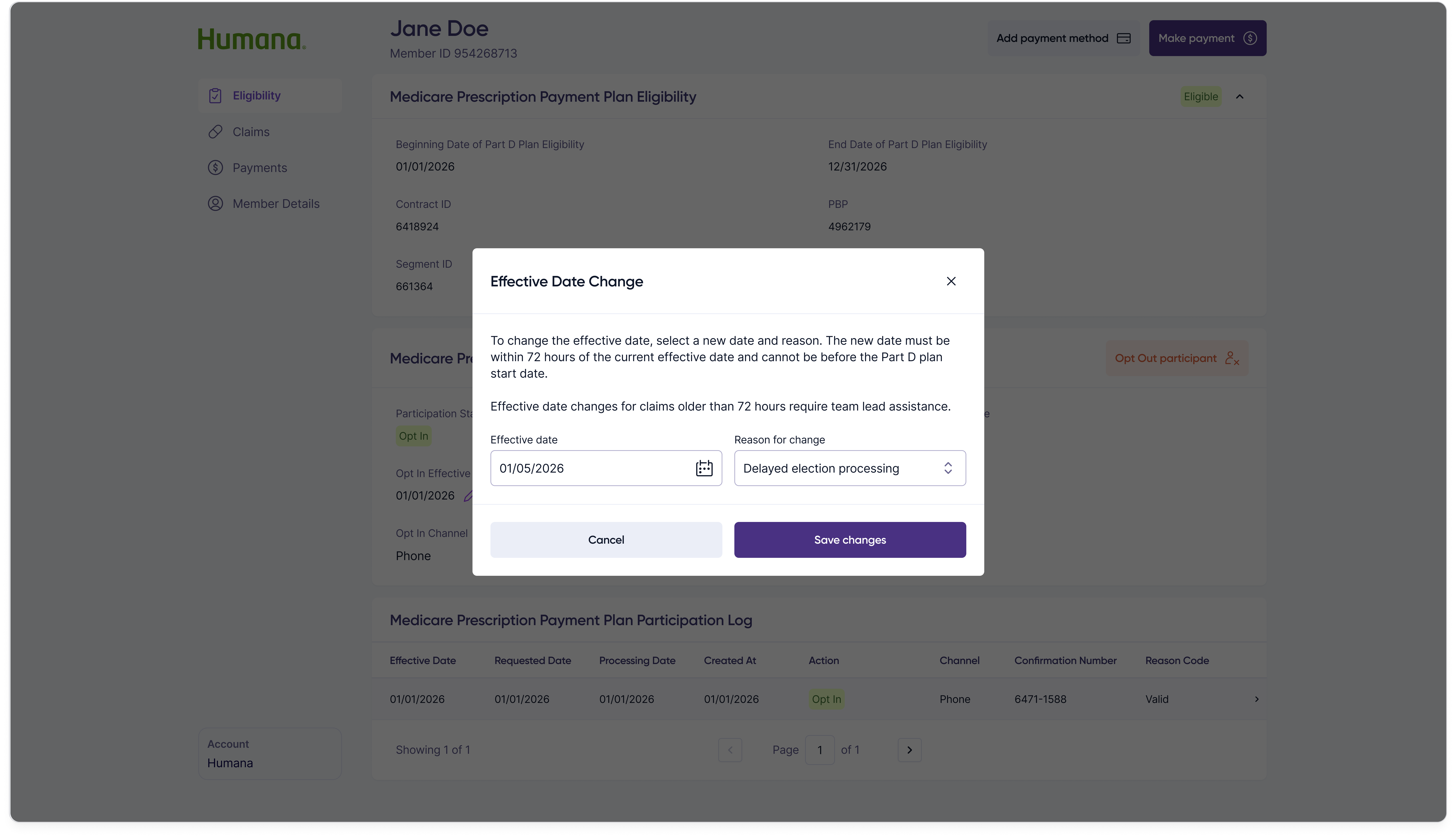 Effective date change modal allowing the customer rep to update the opt-in effective date with a date picker and supporting reason.