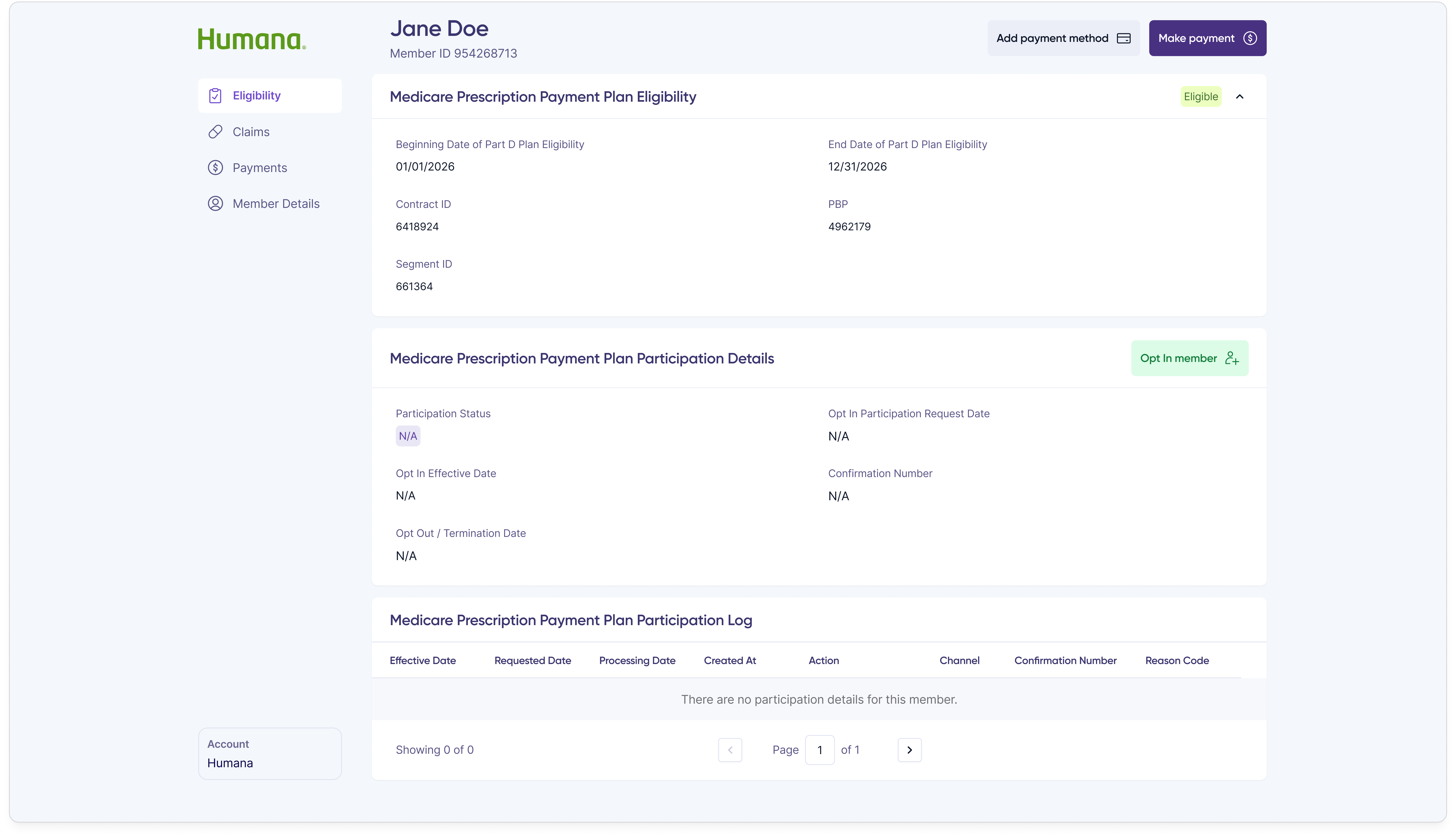 Eligibility and Participation tab for a member who has never opted in, showing an Eligible status with empty participation details and an empty participation log.