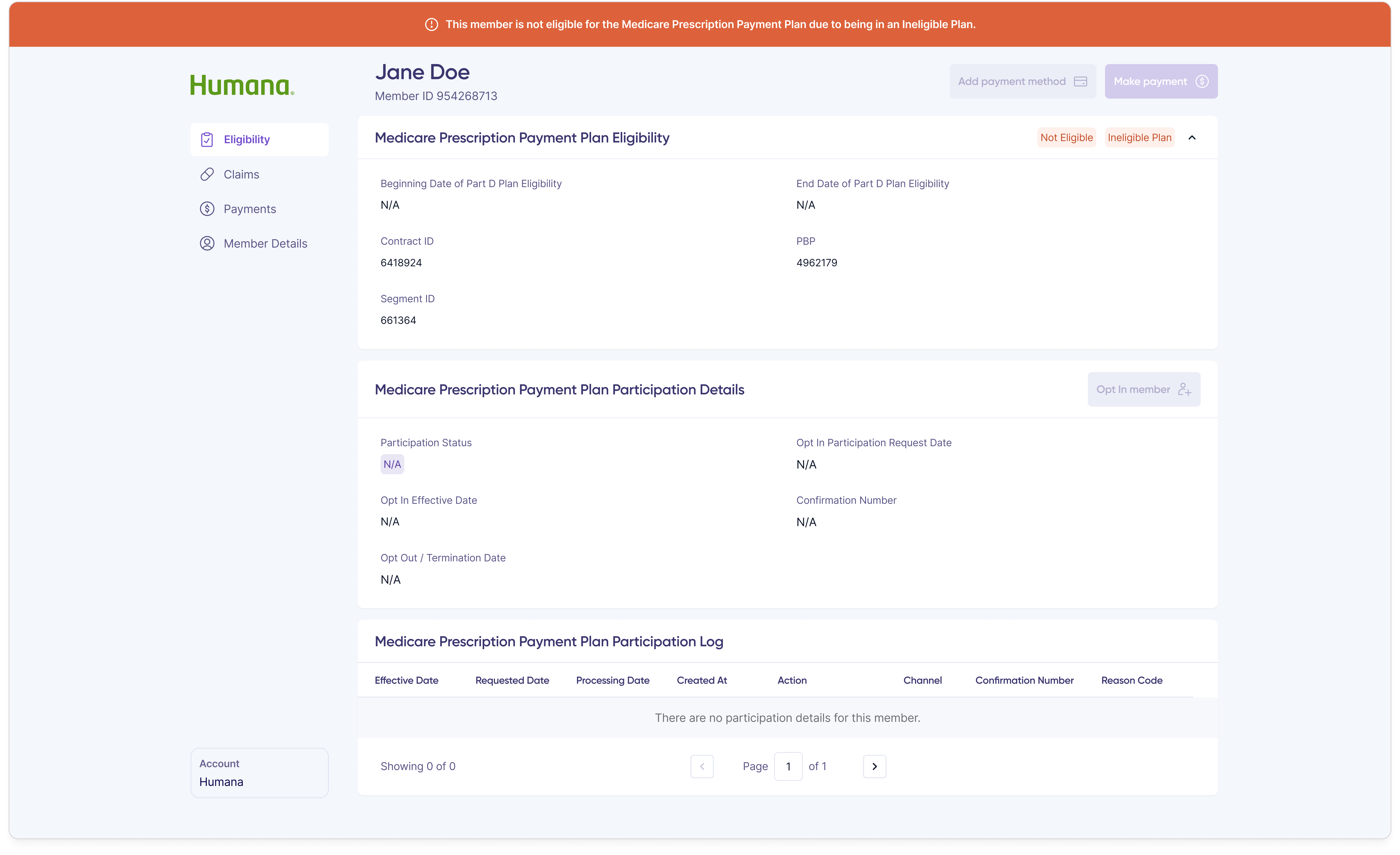 Eligibility and Participation tab for an ineligible member, with a Not Eligible status badge and disabled participation actions.