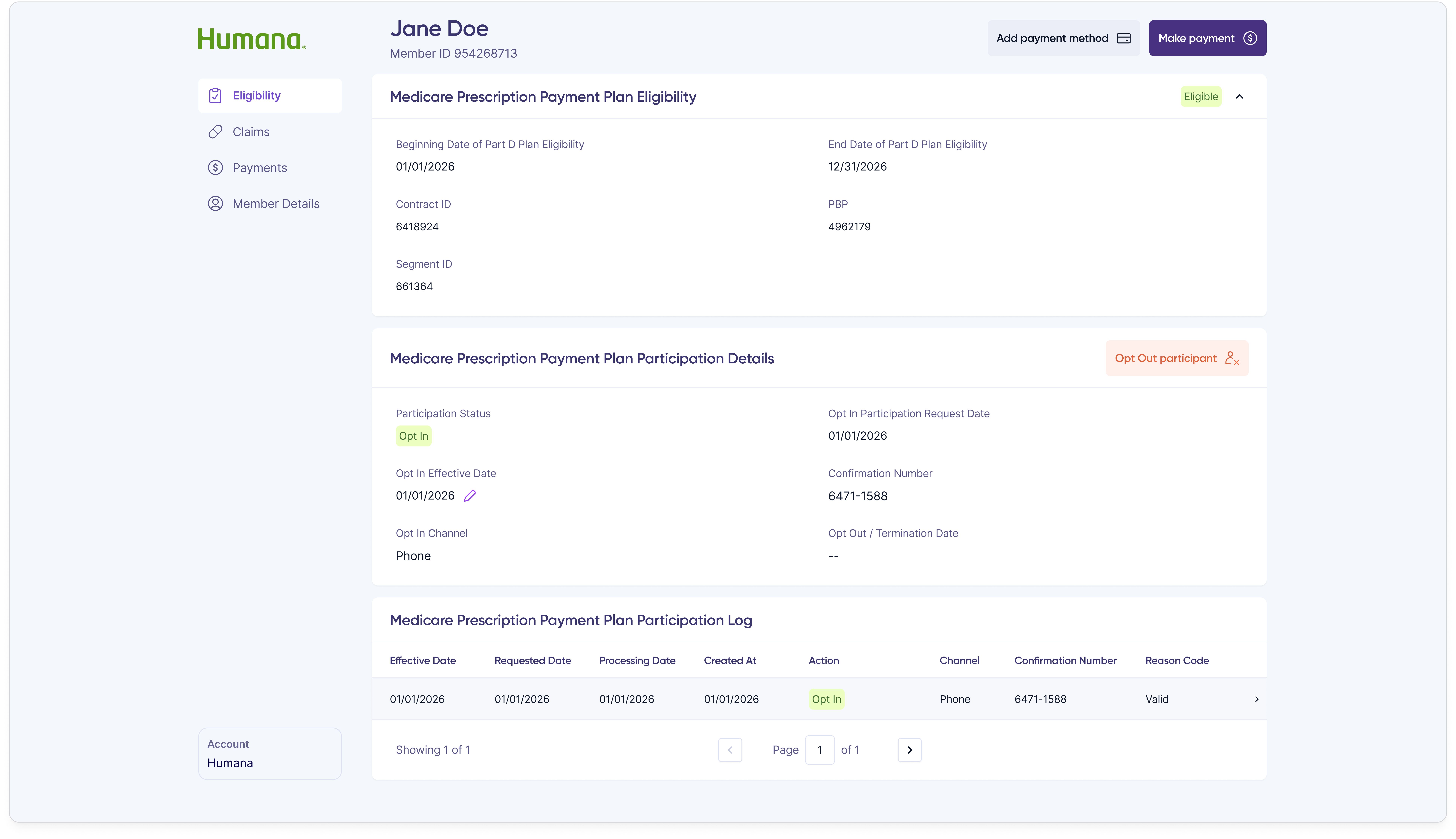 Customer rep portal Eligibility and Participation tab for Jane Doe showing an Eligible status, Part D eligibility dates, contract and PBP IDs, current Opt In participation status, and a participation log table of opt-in and opt-out actions.