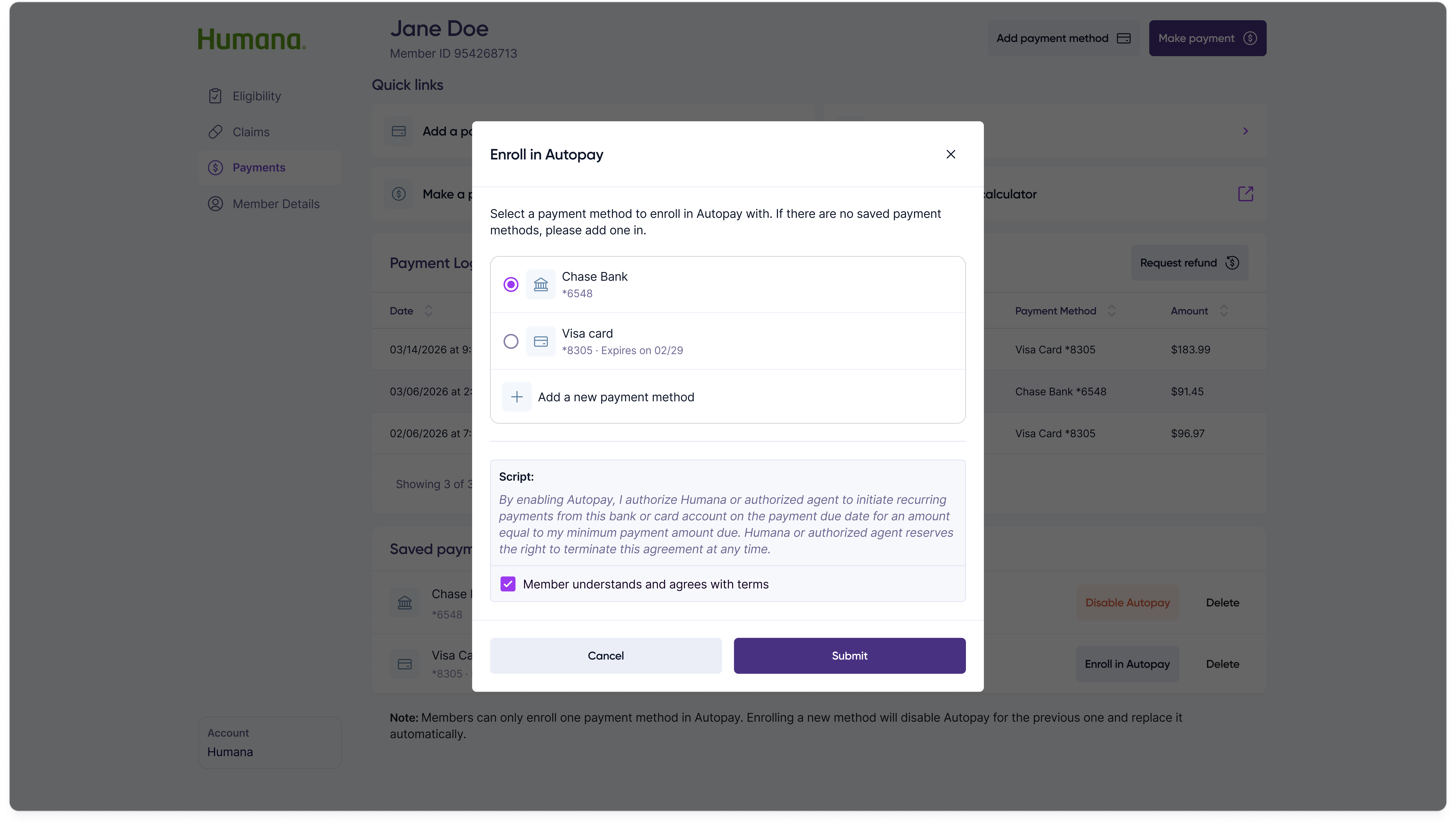 Enroll in Autopay modal: confirm the payment method to use for autopay and acknowledge the disclosure before enrolling.