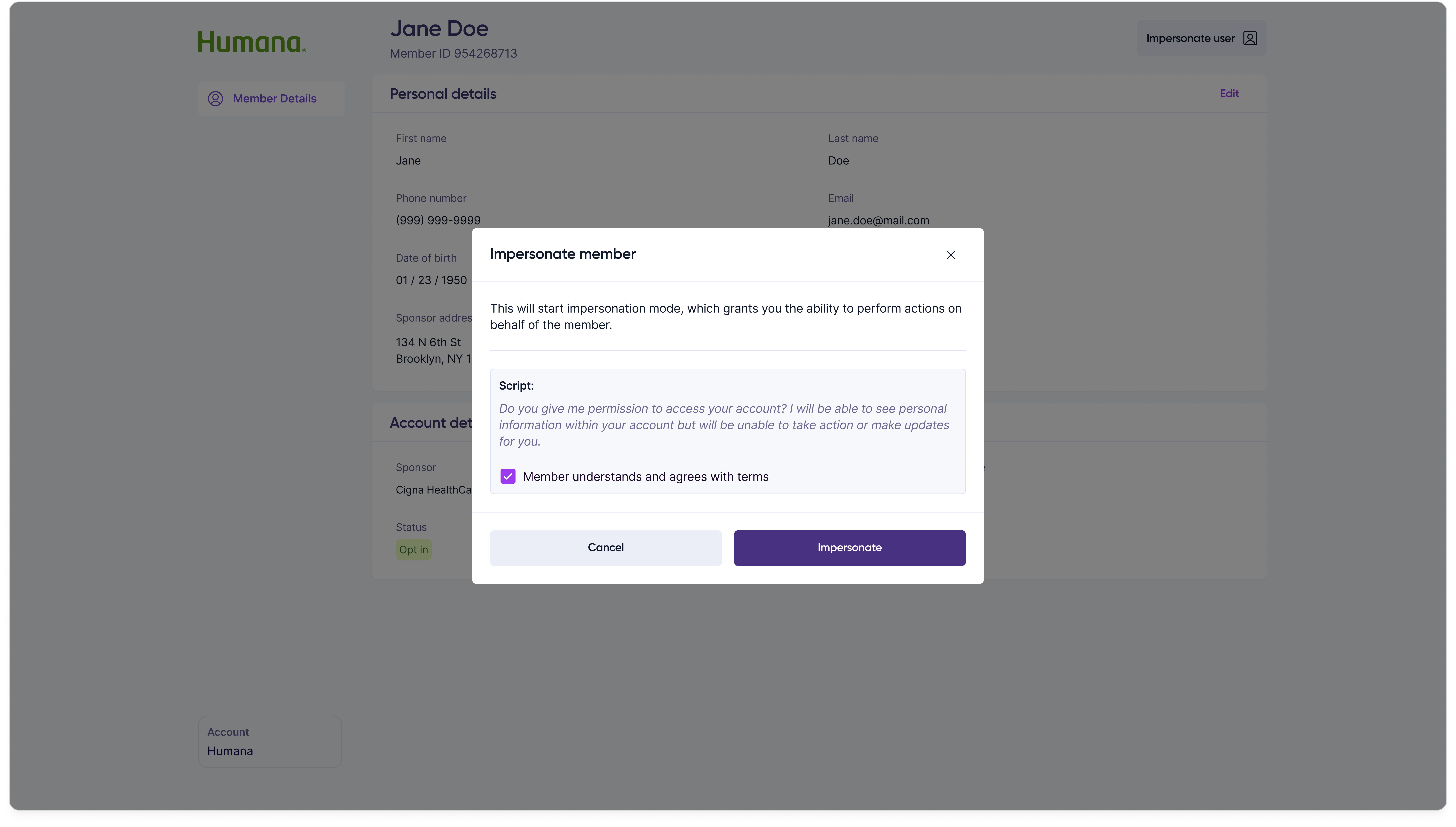 Confirmation modal asking the customer rep to acknowledge they are about to impersonate a member, with the member's name and a confirm action.