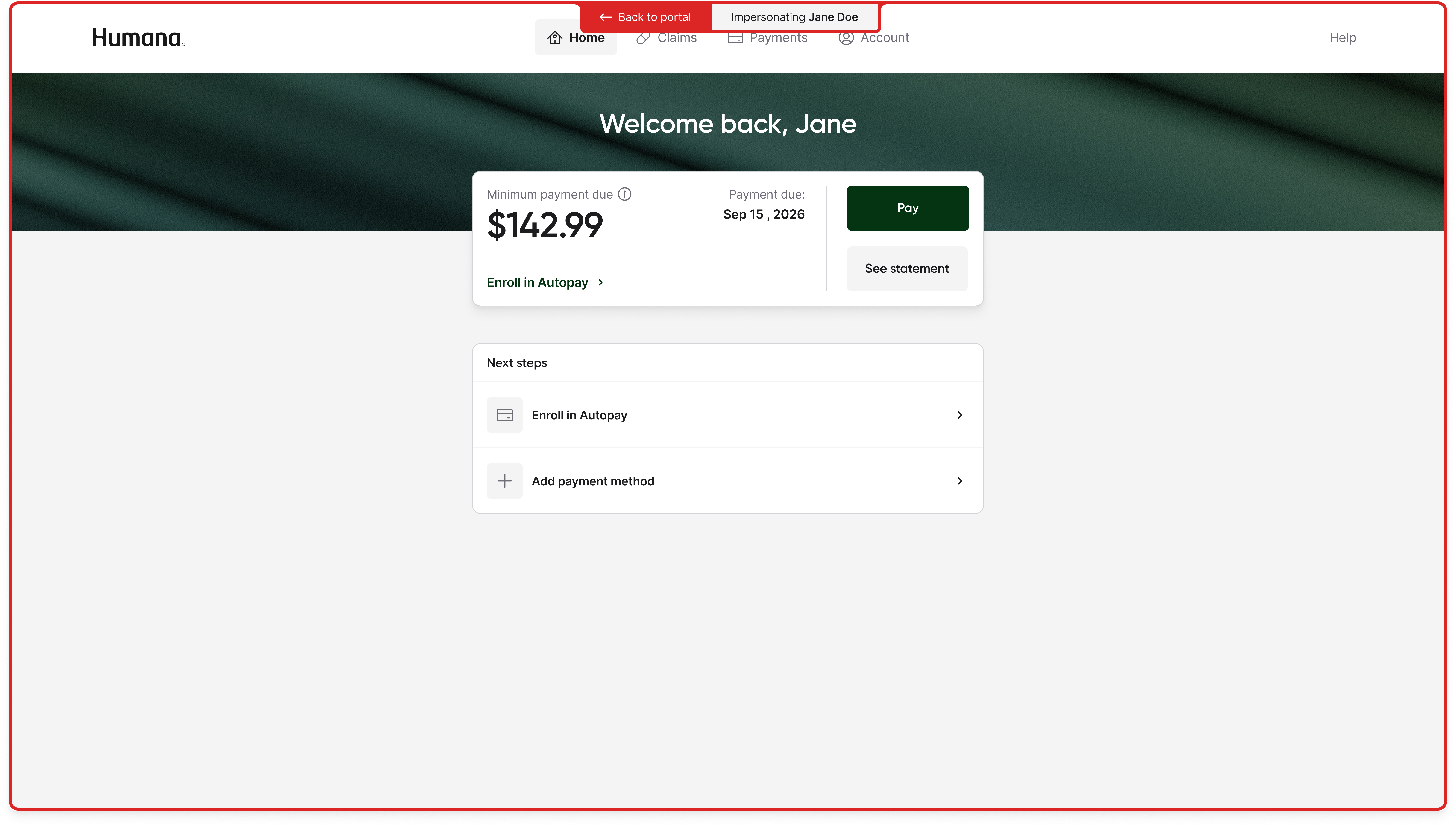 Humana member portal home page rendered inside the impersonation session, with a red Impersonating Jane Doe banner across the top and a Back to portal control.