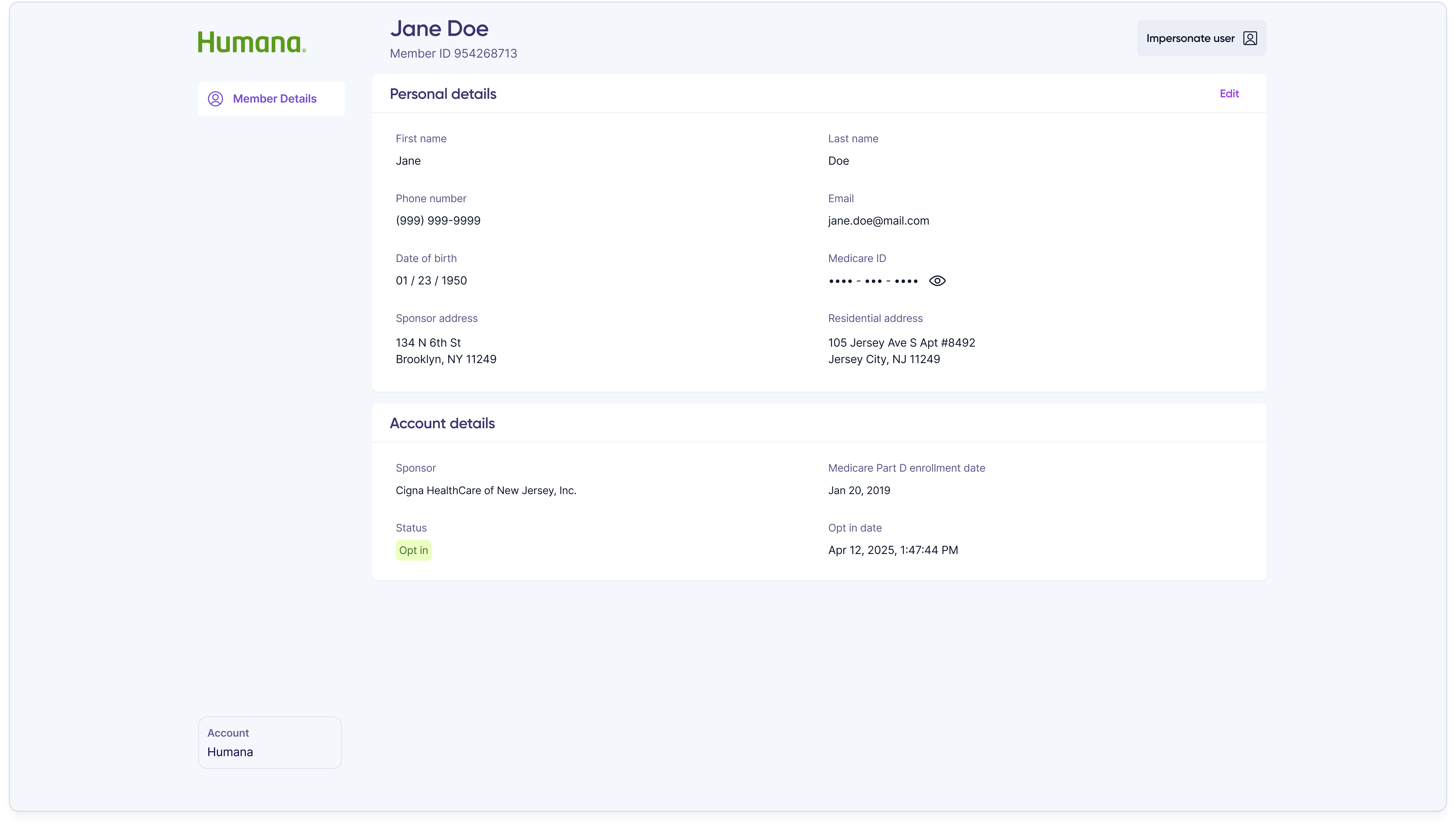Internal admin tool screen with a member record selected and an Impersonate action available.