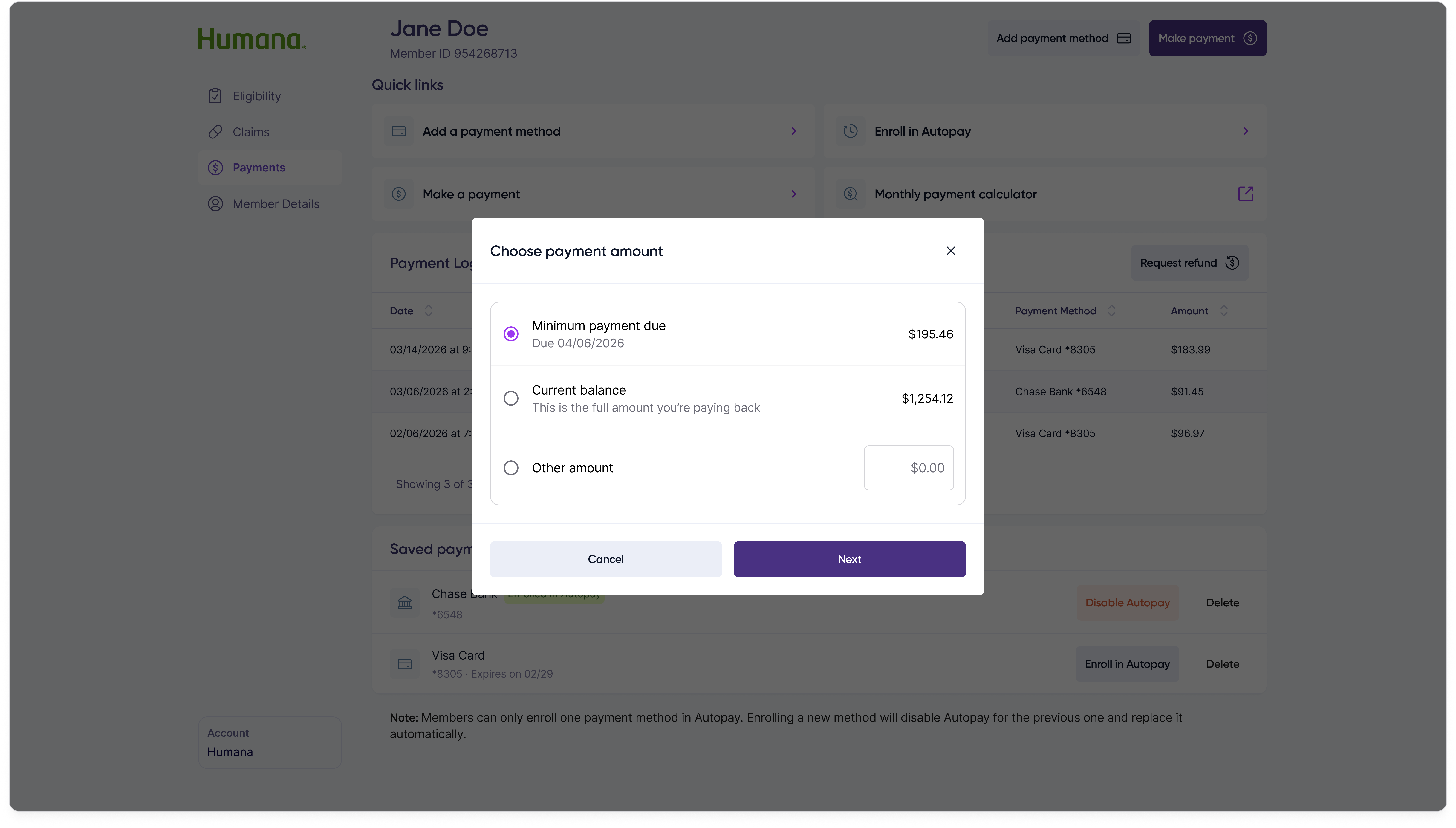 Make a payment step 1: select between minimum payment due, current balance, or an other amount.