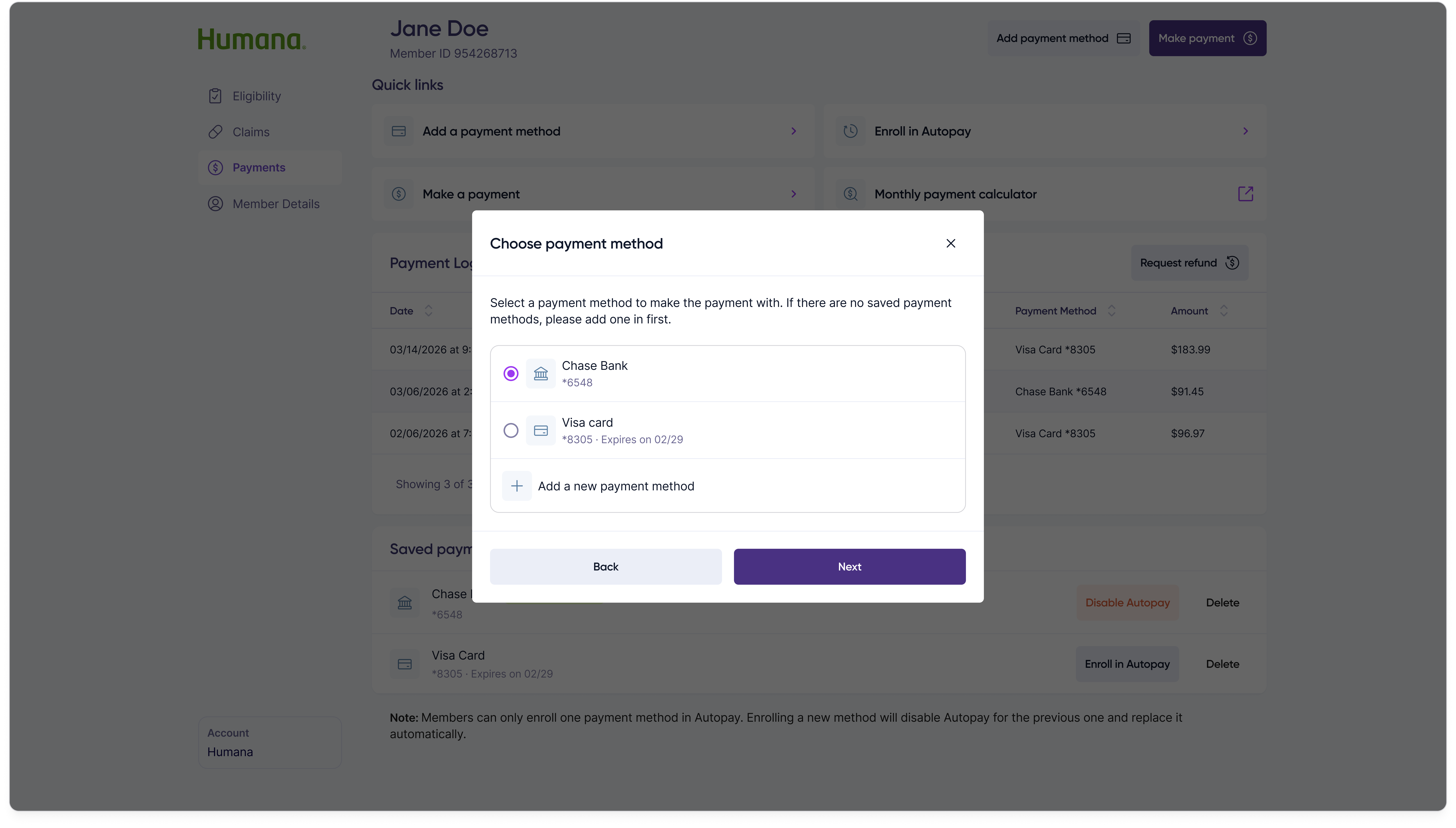 Make a payment step 2: choose a saved payment method or add a new one.