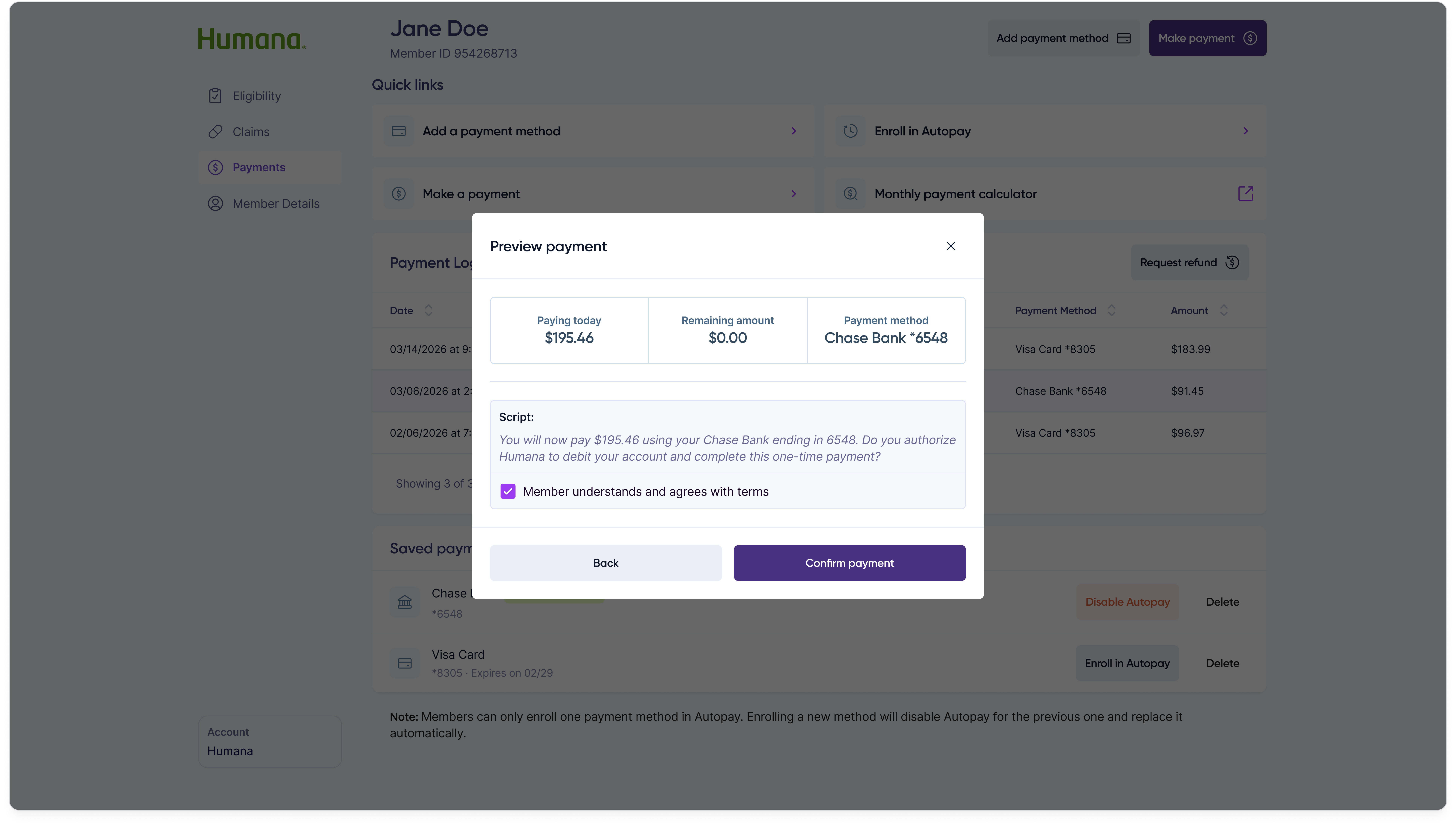 Make a payment step 3: review the selected amount, payment method, and total before submitting.