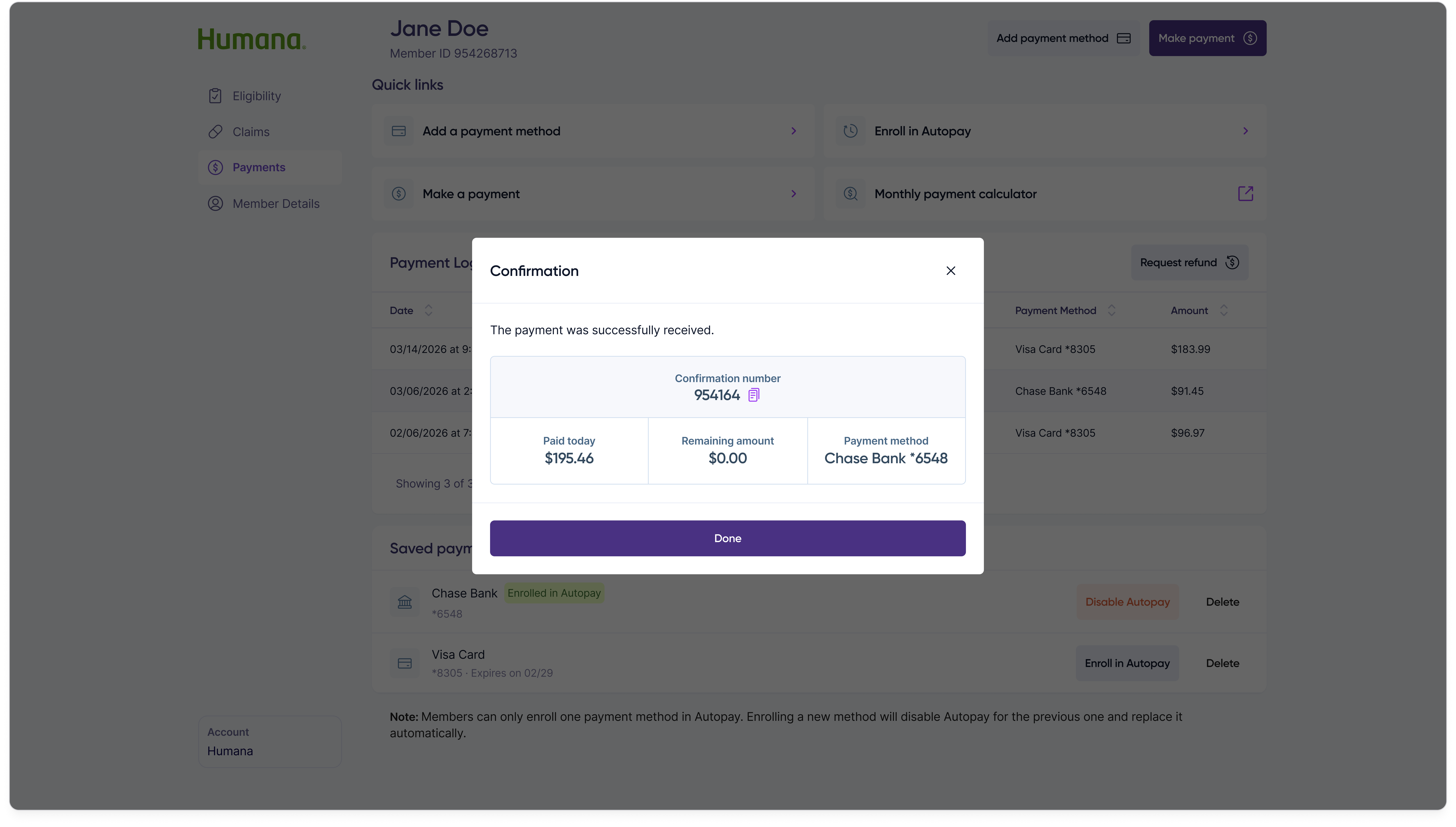 Make a payment step 4: success confirmation with the payment amount and confirmation number.