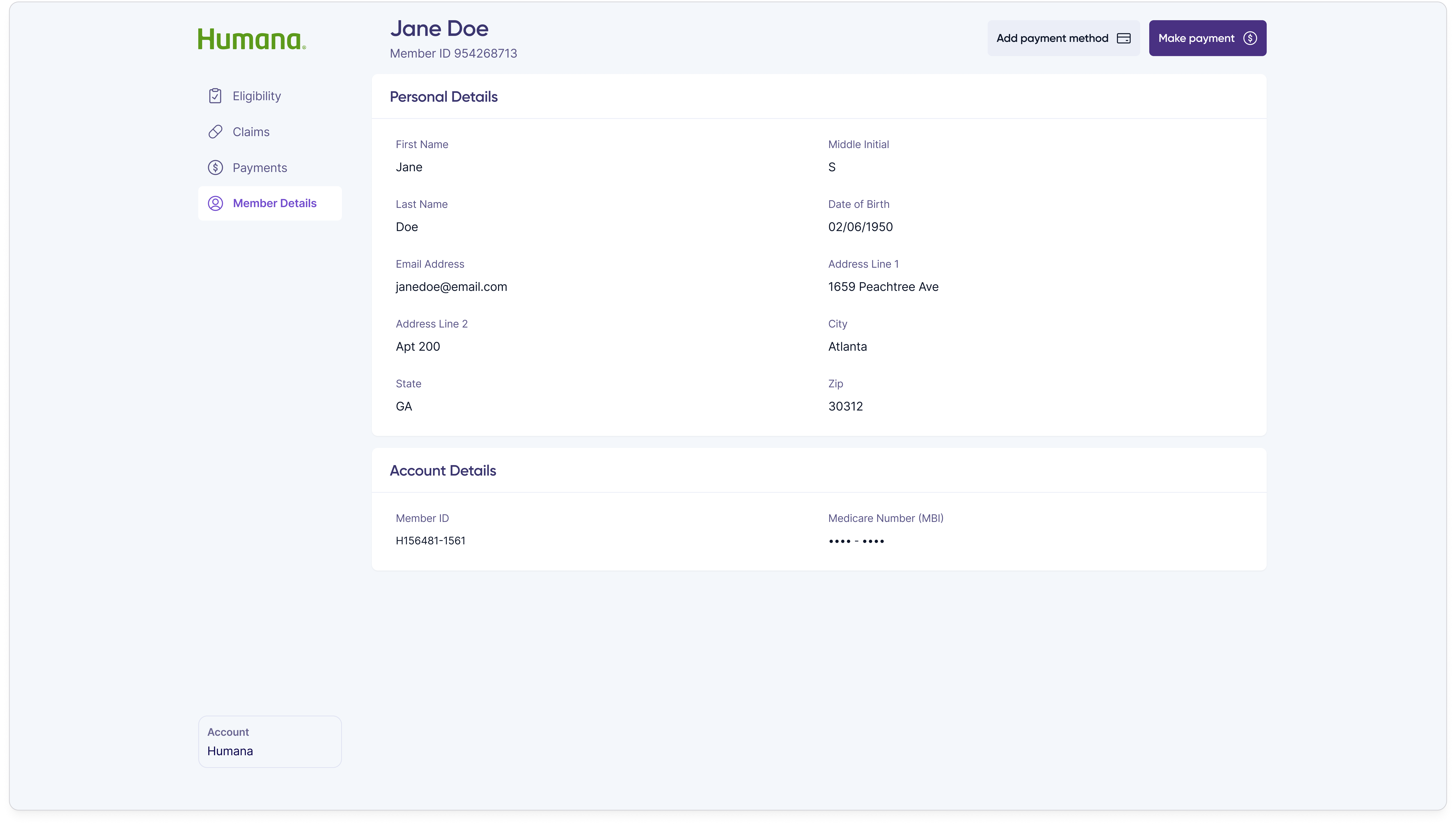 Member details tab showing demographic information, contact information, mailing address, and plan enrollment details for Jane Doe.