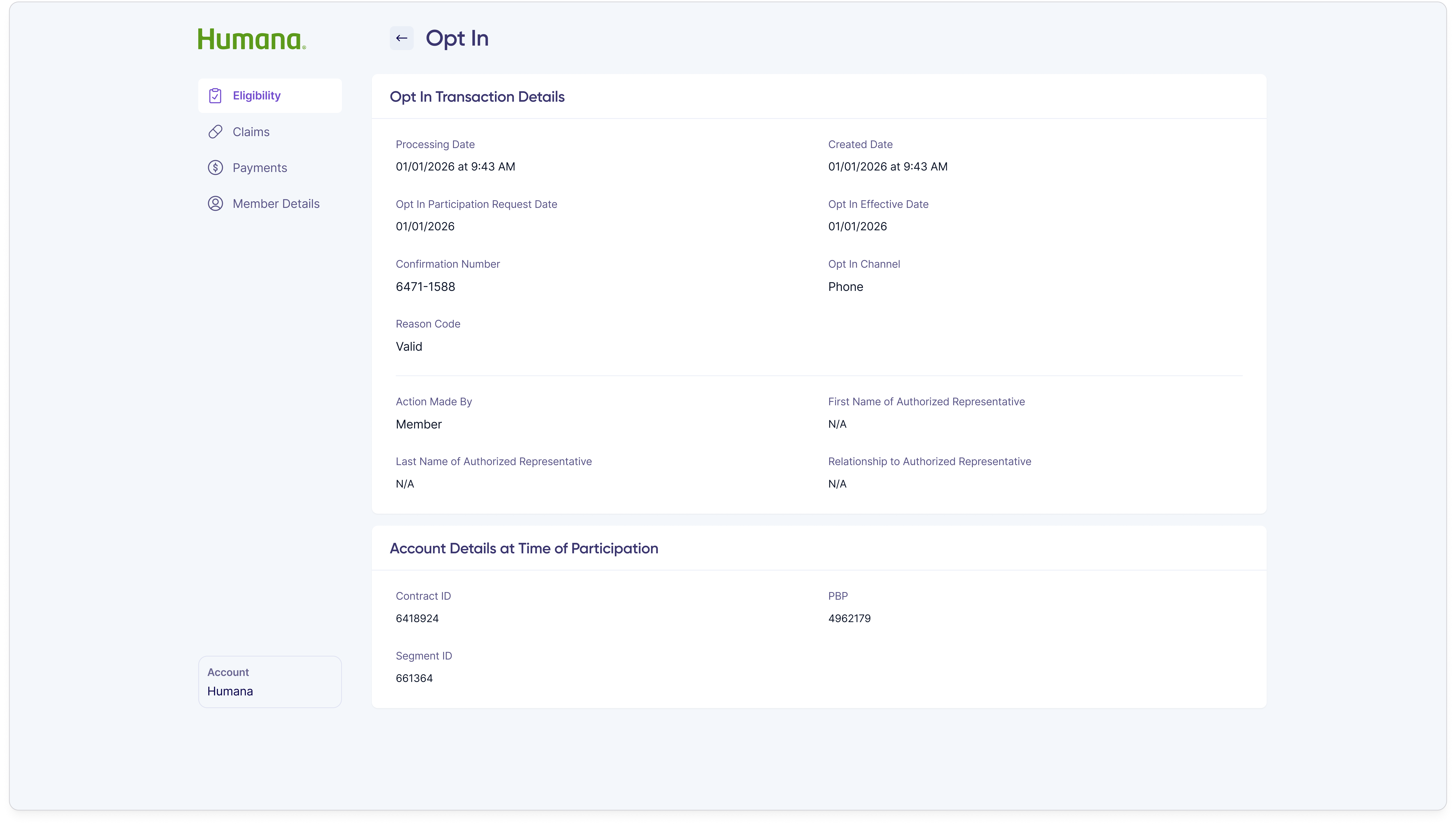 Opt-in details drawer showing a single participation event with effective date, request date, processing date, channel, confirmation number, and reason code.