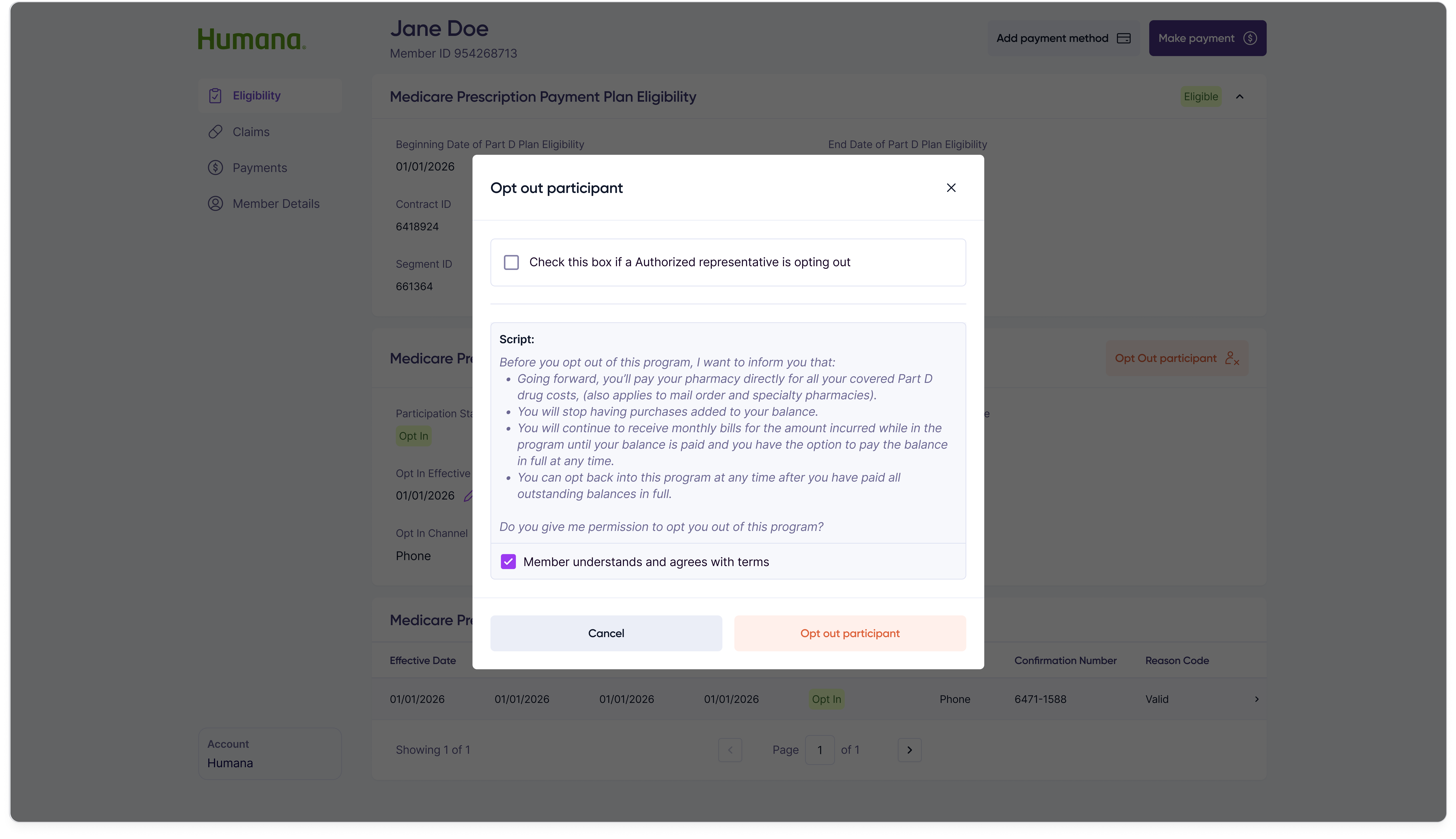 Opt out member modal step 1: authorization script, opt-out reason selection, channel selection, and termination date field.
