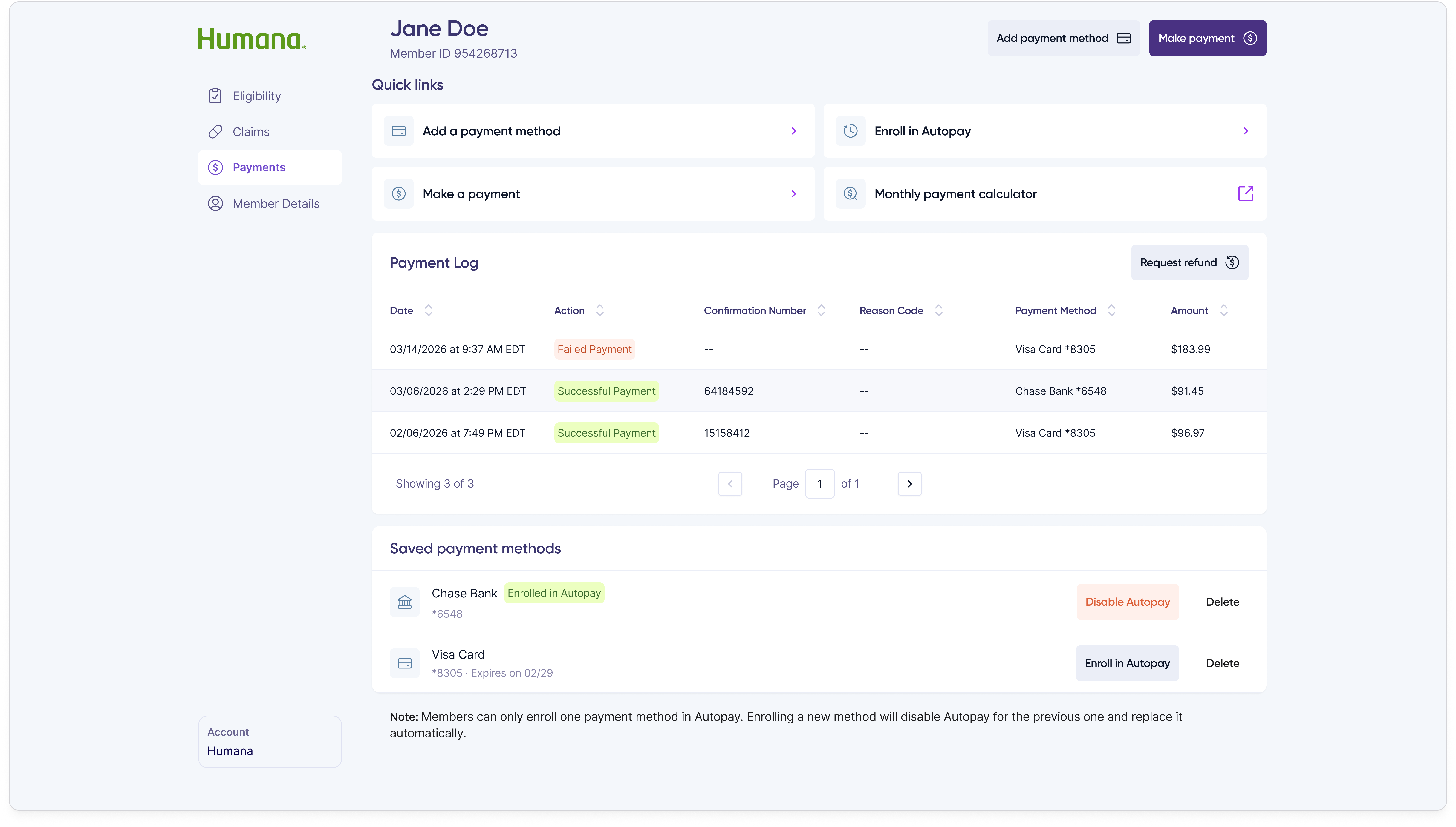 Payments tab showing the member's billed balance, autopay status, payment methods on file, and a history of monthly invoices and one-time payments.