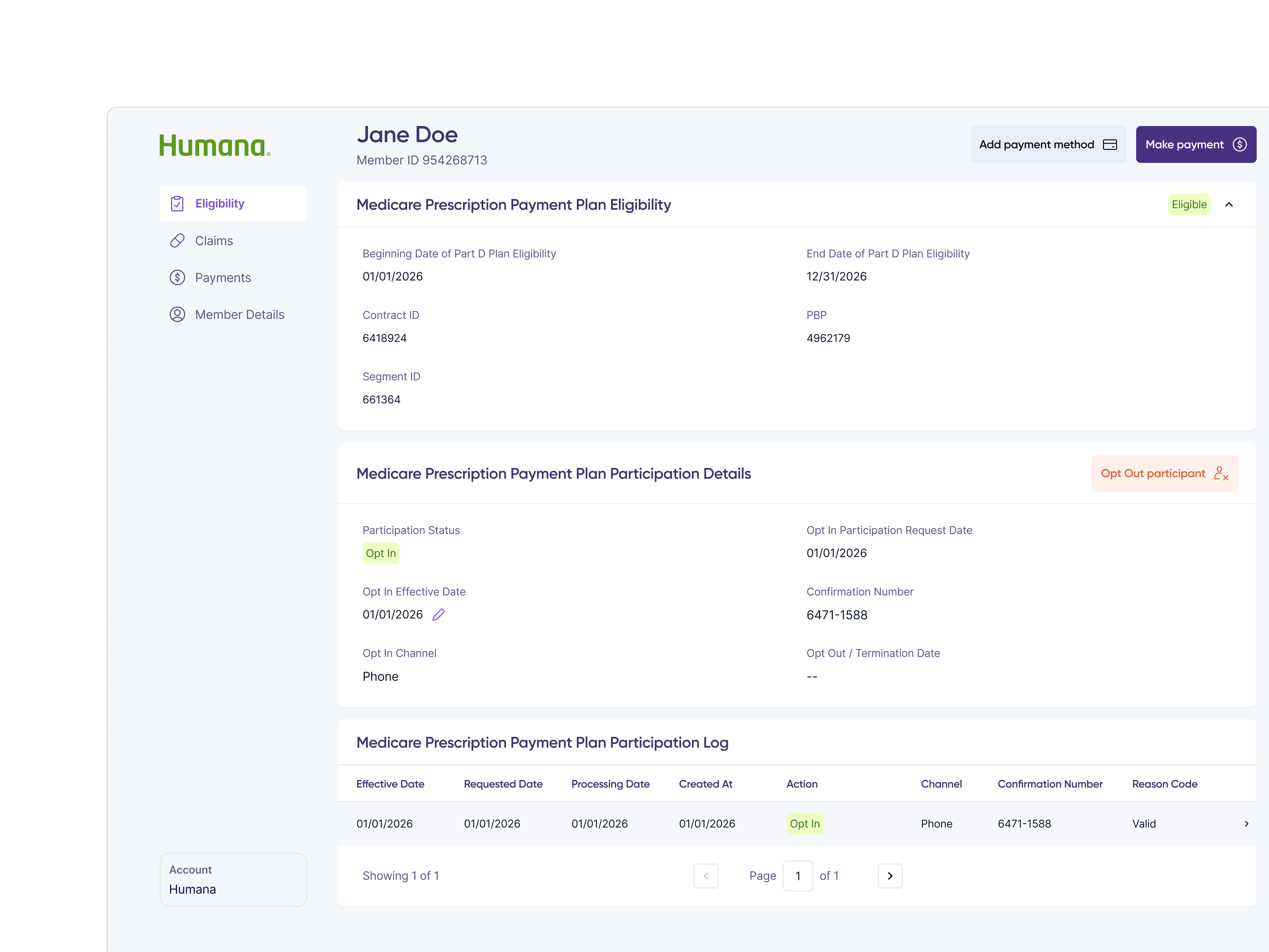 Humana-branded internal CRM for customer reps on the Eligibility tab for Jane Doe (Member ID 954268713), showing Medicare Prescription Payment Plan Eligibility marked Eligible with Part D dates and contract identifiers, Participation Details with an Opt In status and confirmation number, and a Participation Log table with Opt In activity. Sidebar navigation lists Eligibility, Claims, Payments, and Member Details, and the top right shows Add payment method and Make payment buttons.