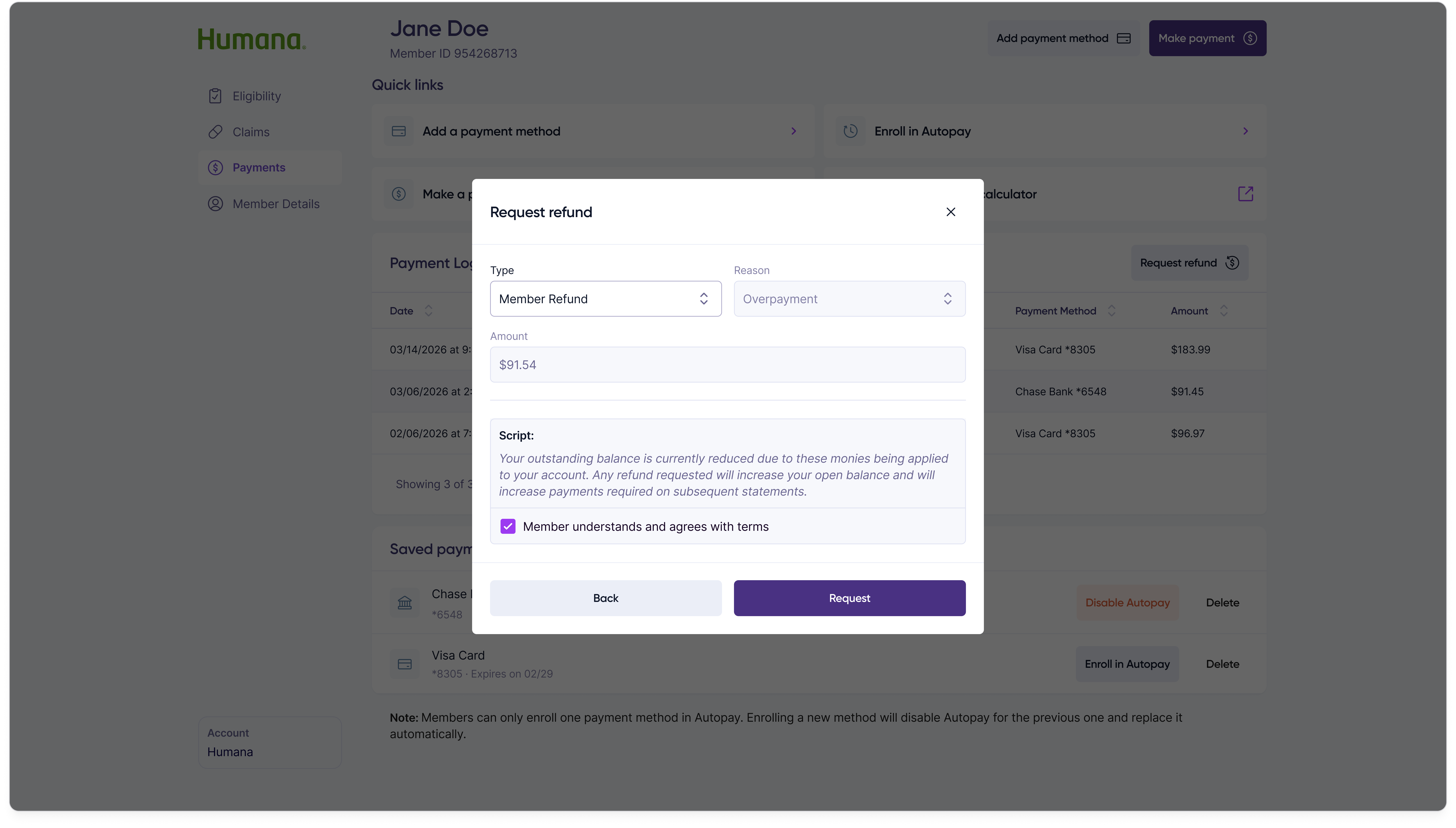Refund request modal in the Member Refund state, with fields for the refund amount and the payment method to return funds to.