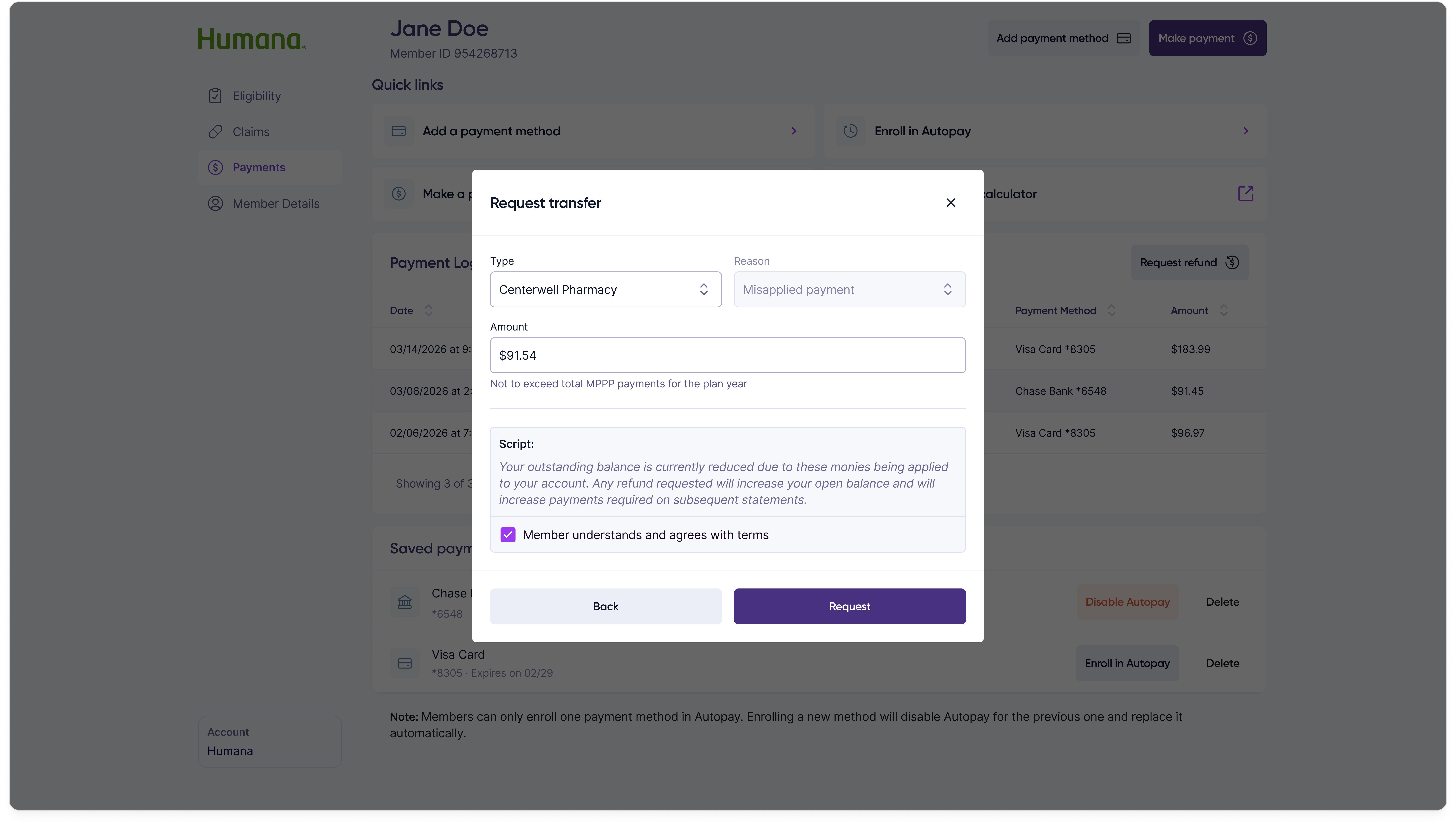 Refund request modal in the Transfer to Pharmacy state, with fields for the transfer amount and pharmacy identifying information.