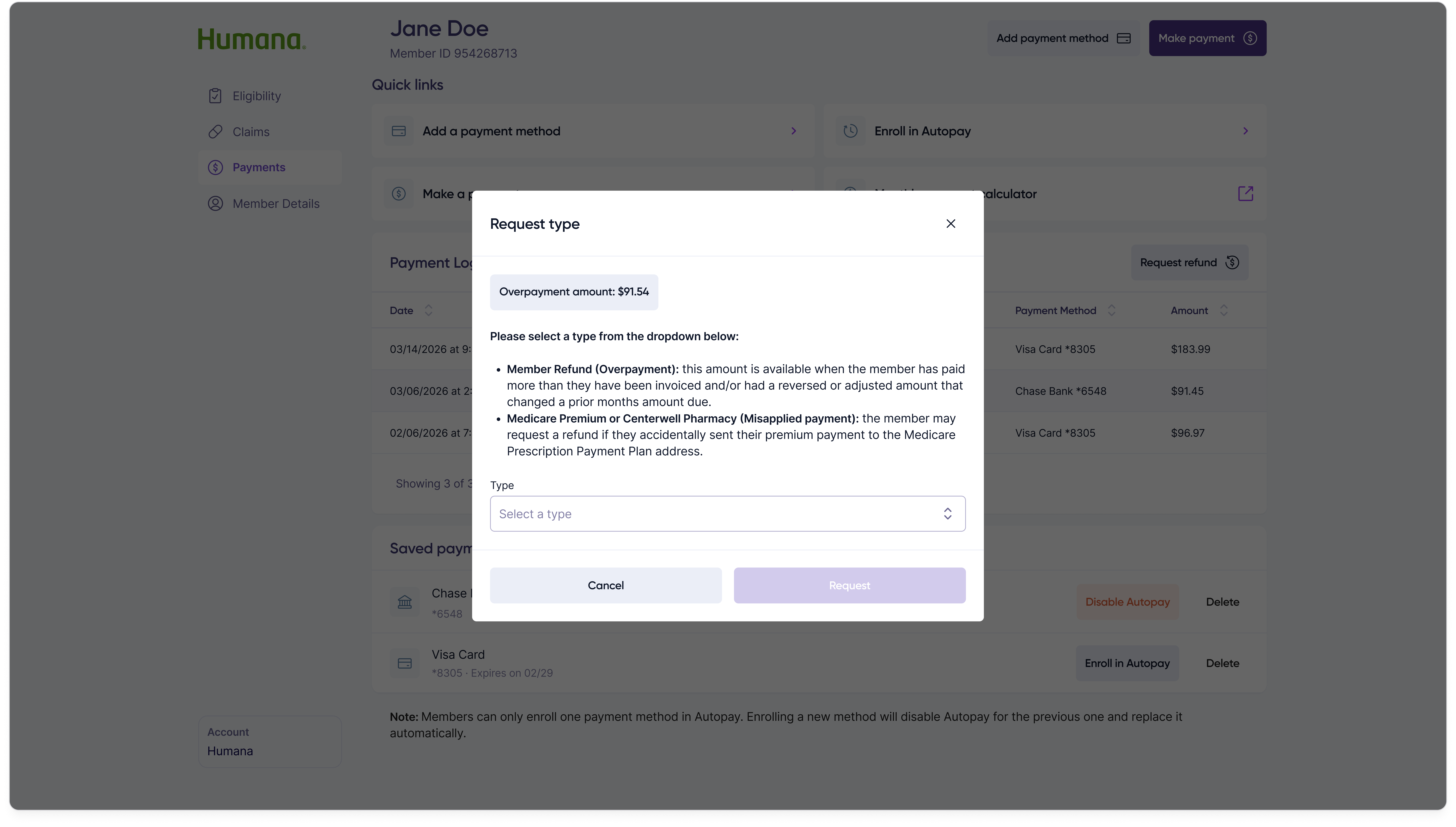 Refund request modal showing the overpayment amount of $91.54, an explanation of the Member Refund and Medicare Premium request types, and a Type dropdown with a disabled Request button.