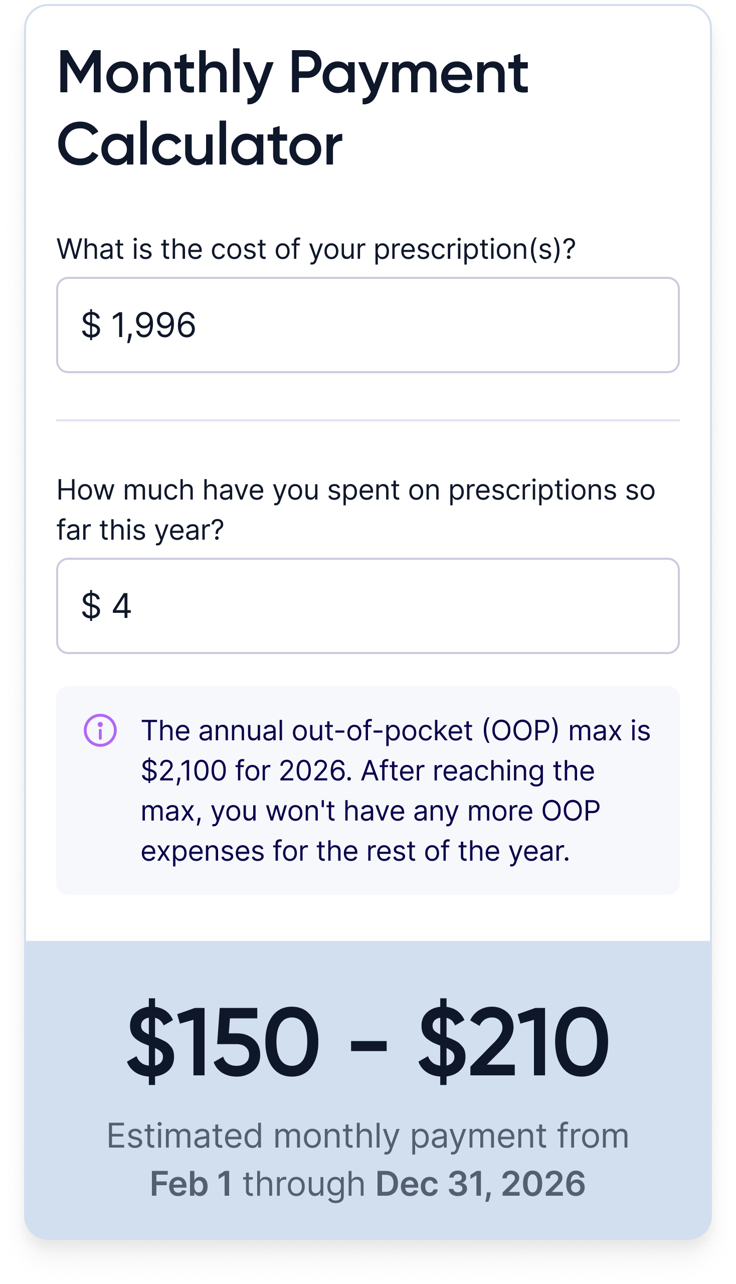 Two-question range exploration: a single screen asking only for total prescription cost and year-to-date spend, returning a payment estimate as a range.
