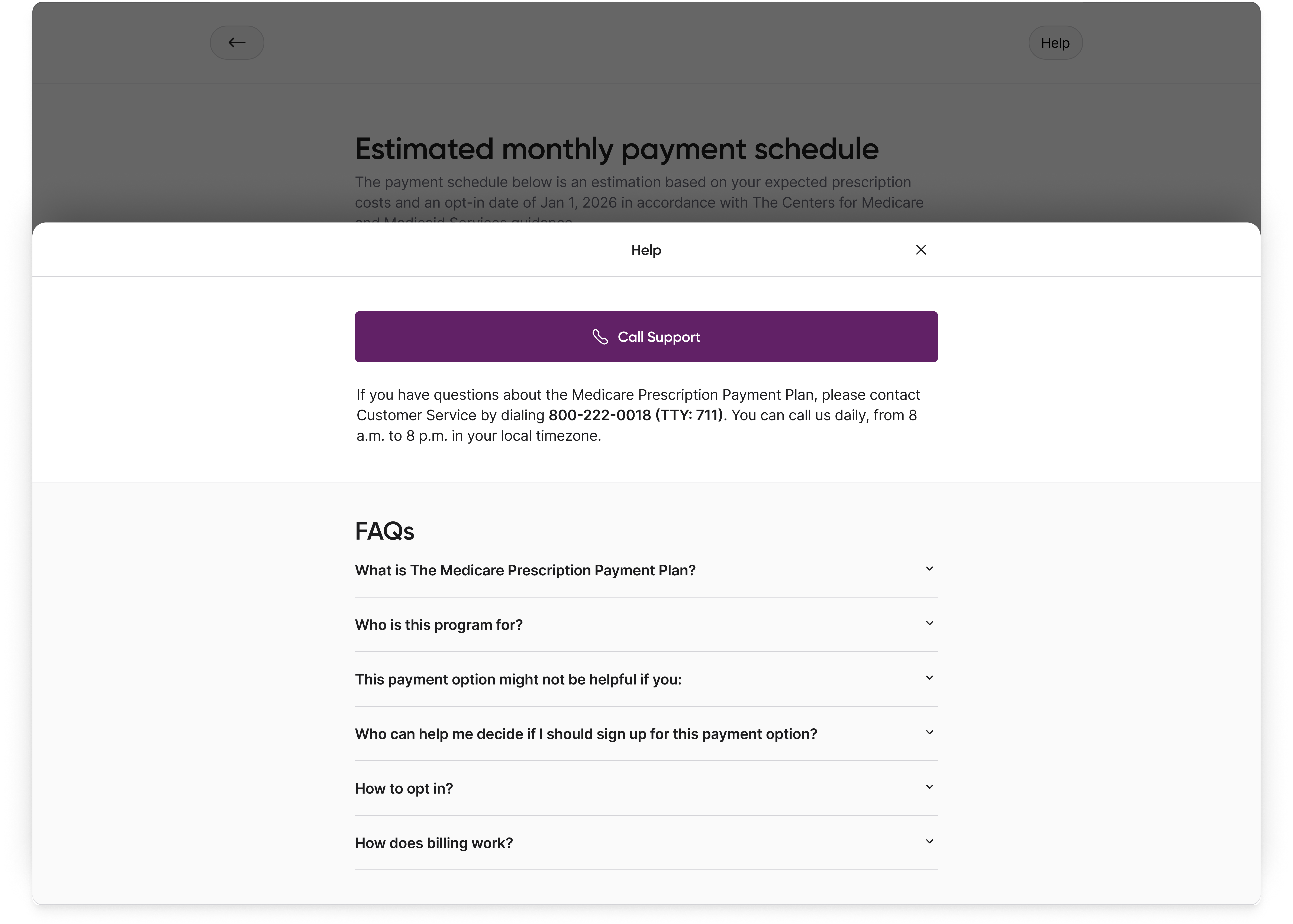 Calculator help screen with contextual copy explaining program details, enrollment timing, and support options.