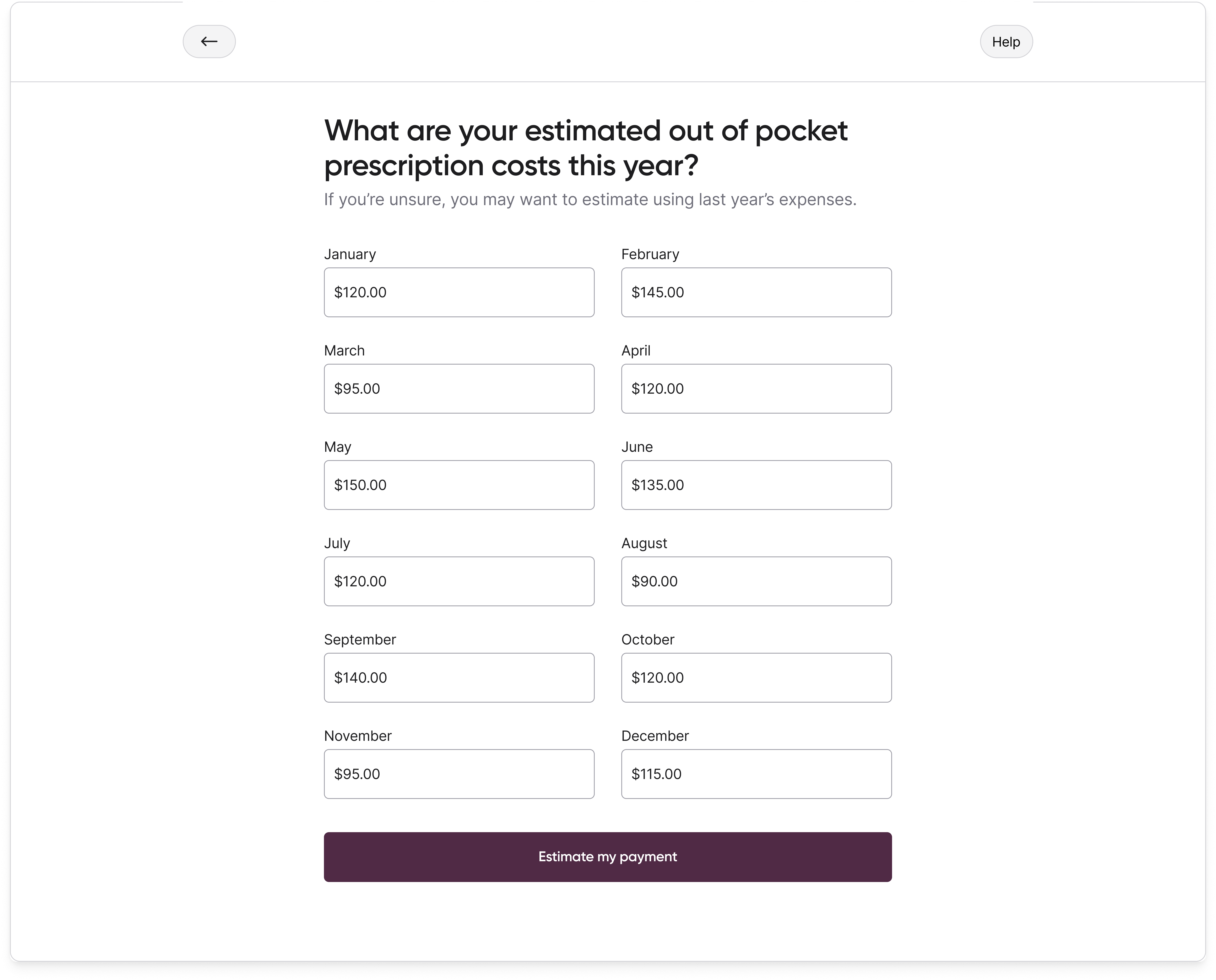 Calculator input screen asking enrollees to enter their expected out-of-pocket Part D prescription costs for each month of the year.
