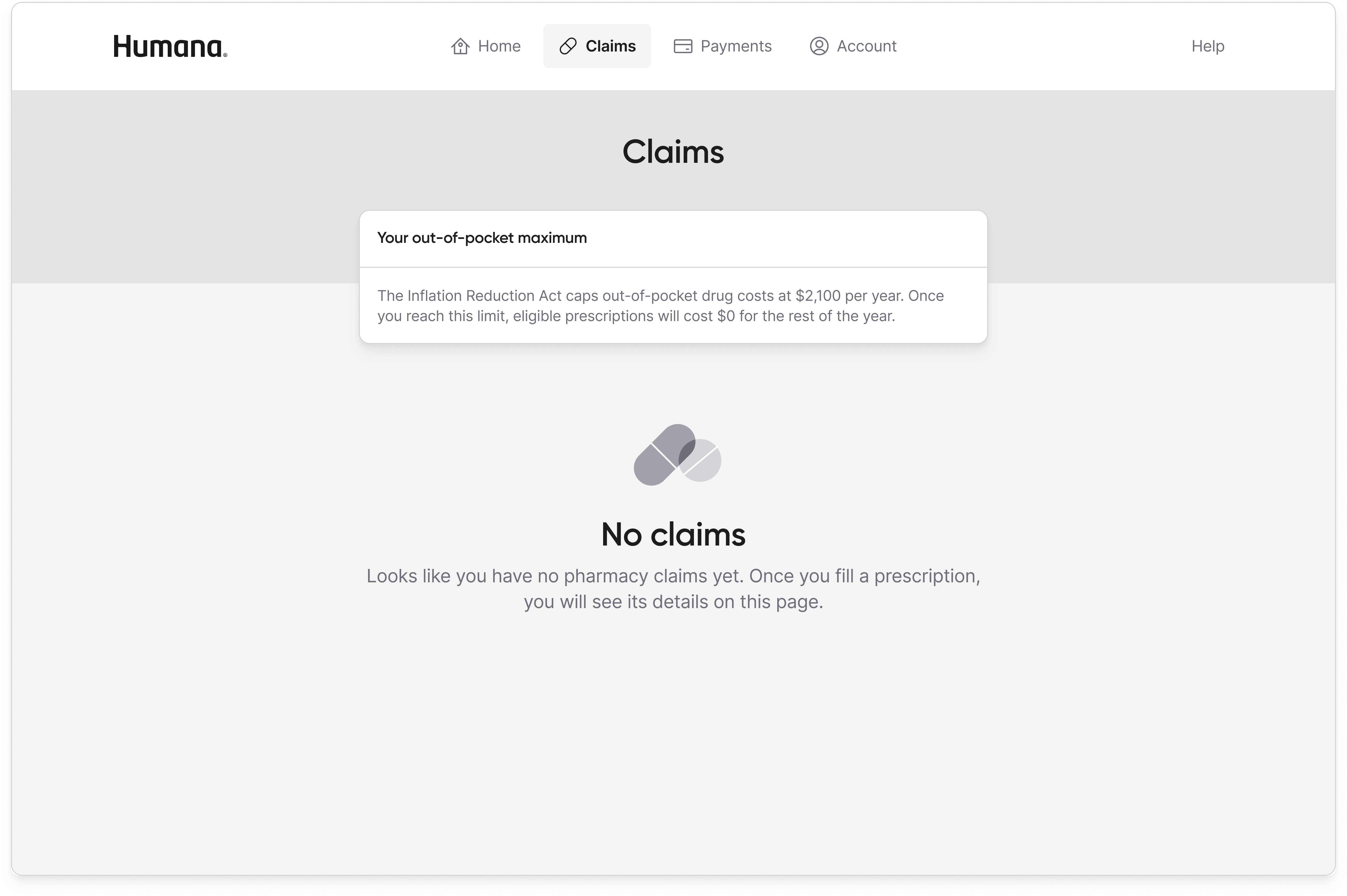 Claims tab in its empty state with the out-of-pocket maximum education card and no prescription history yet.