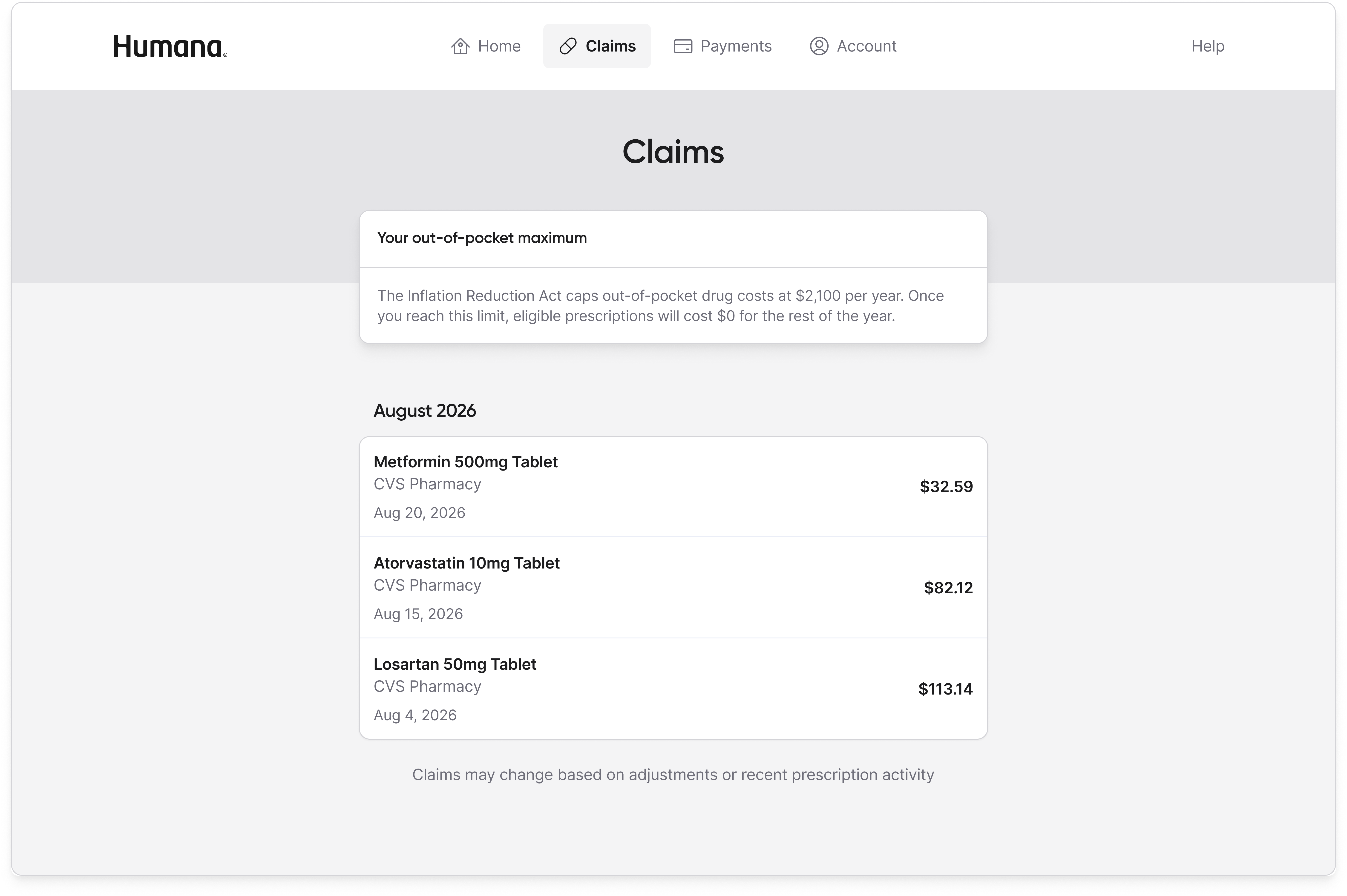 Claims tab in its full state showing prescriptions for August 2026 with pharmacy, date, and cost for each prescription.
