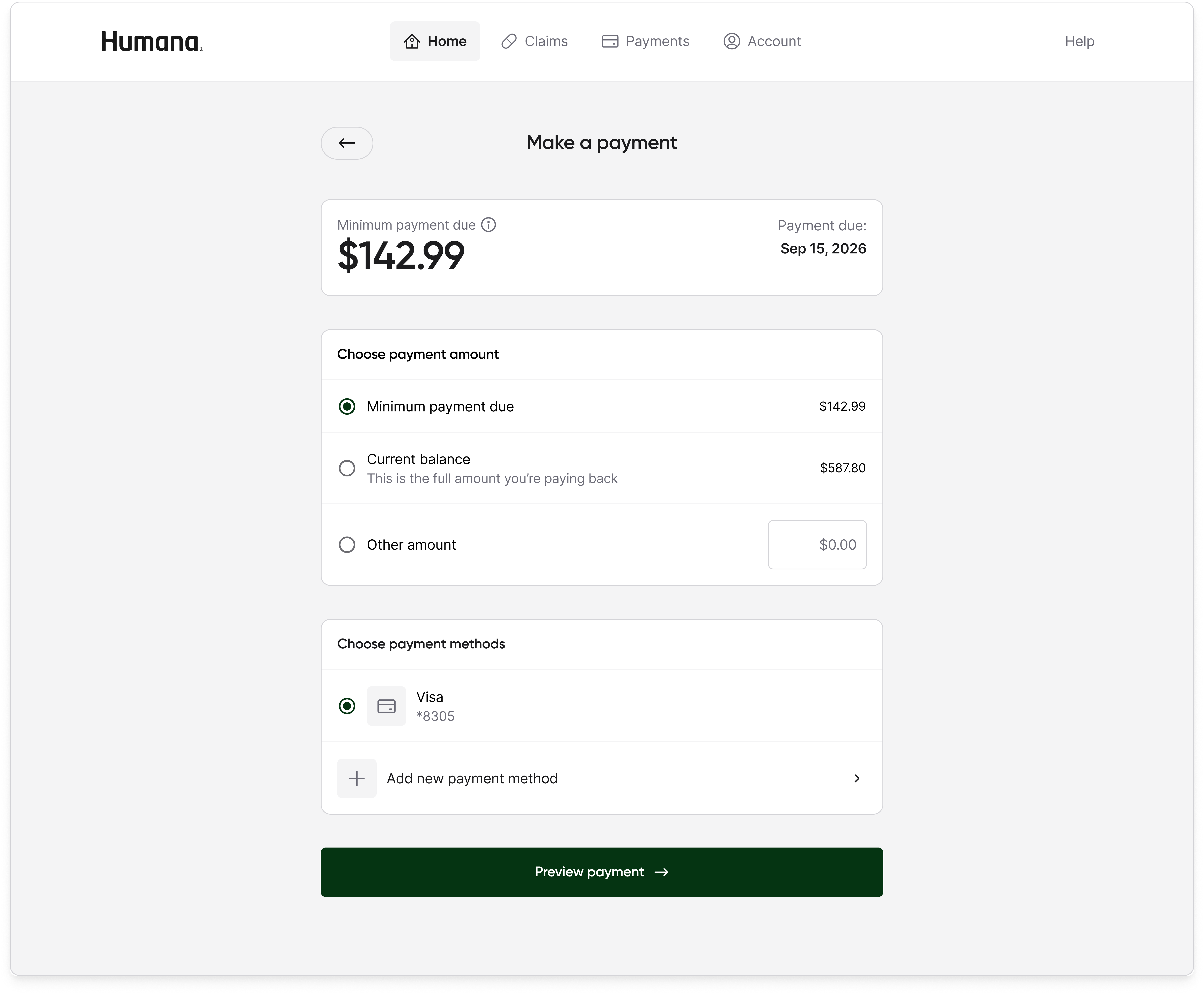 Make a payment screen with the minimum payment due card, a Choose payment amount section offering Minimum payment due, Current balance, or Other amount, a Choose payment methods section listing a saved Visa card with an Add new payment method option, and a Preview payment CTA.