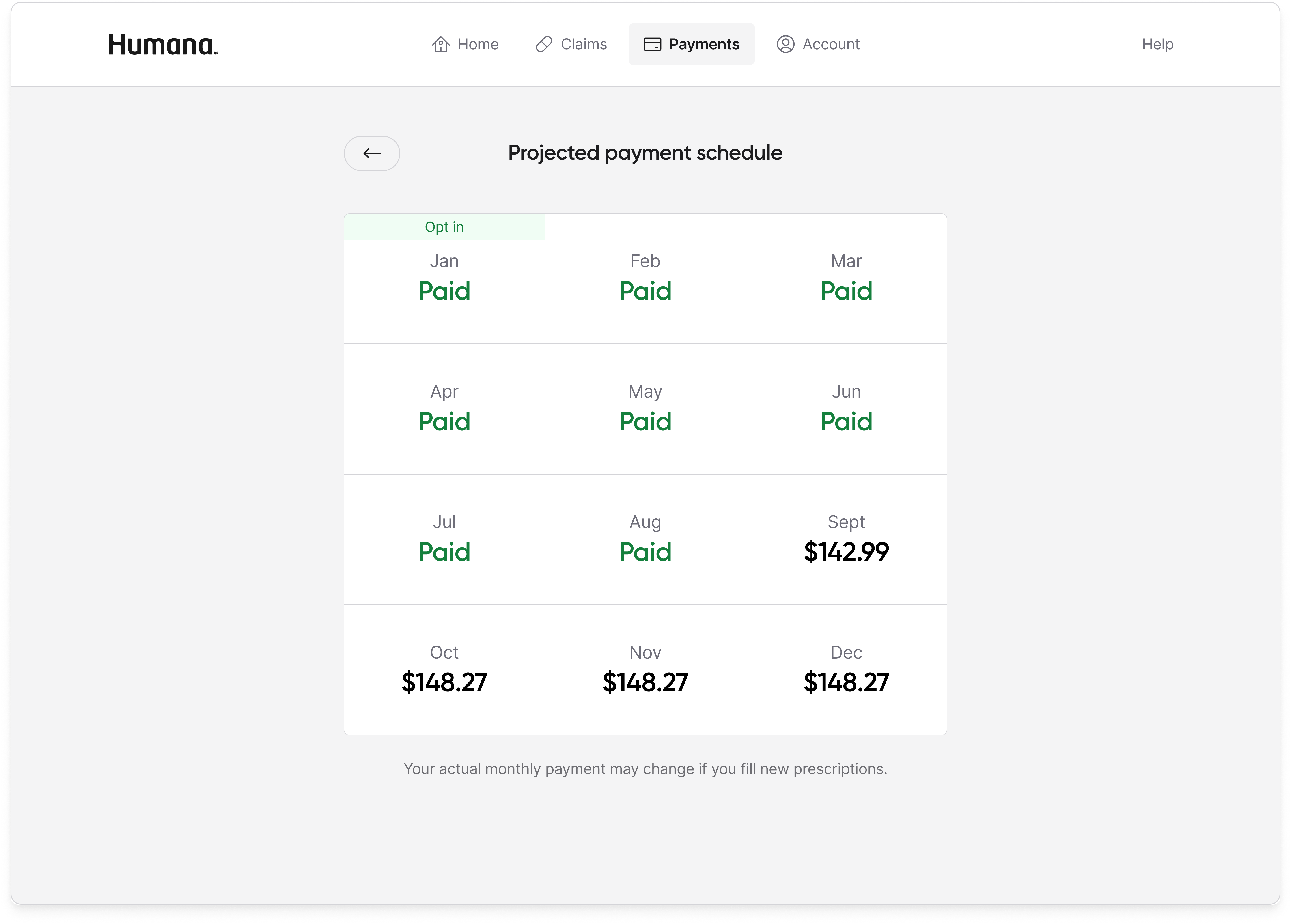 Projected payment schedule view showing upcoming monthly payments.