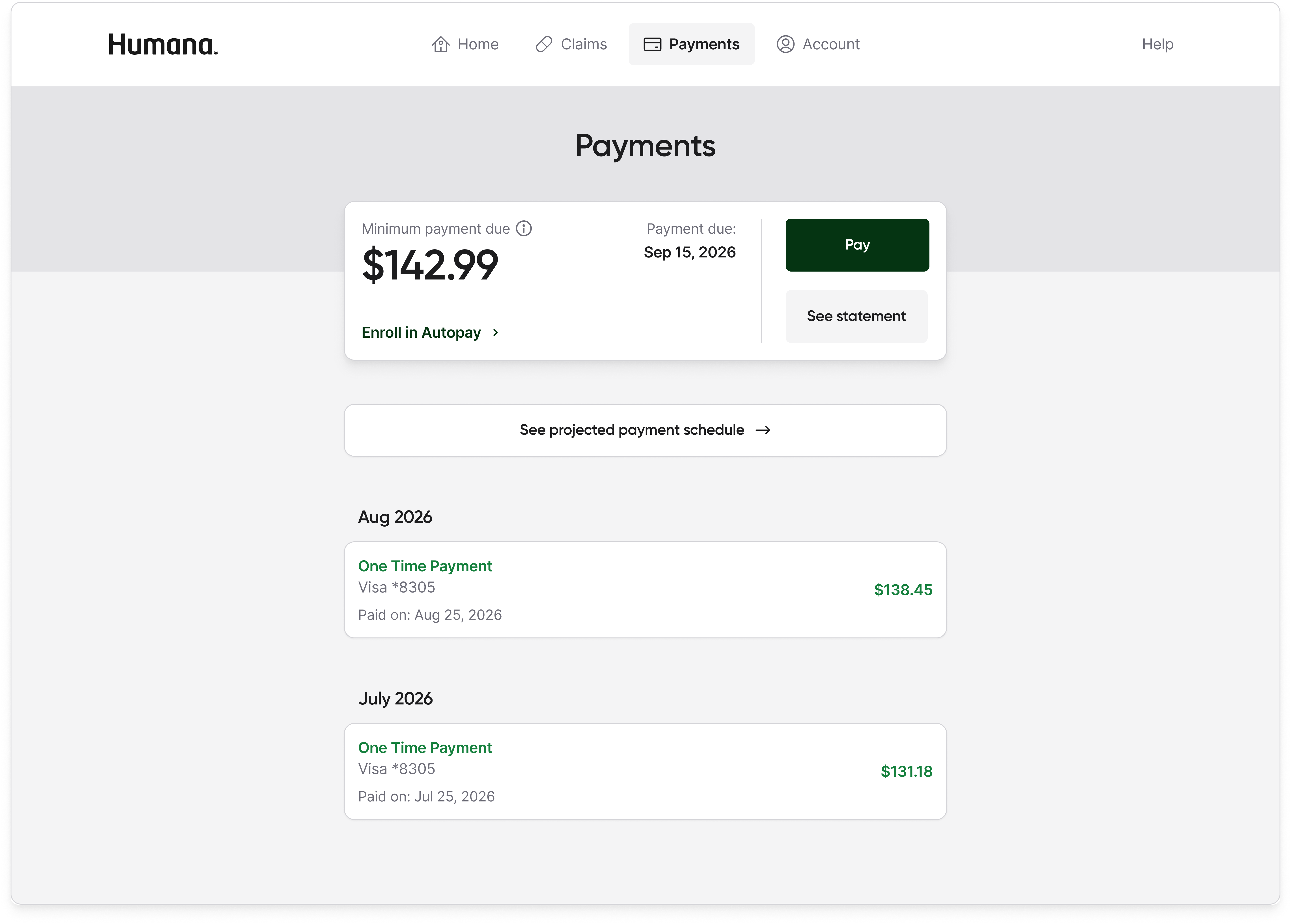 Payments tab showing the minimum payment due card, a See projected payment schedule link, and one-time payment history grouped by month with green amounts.