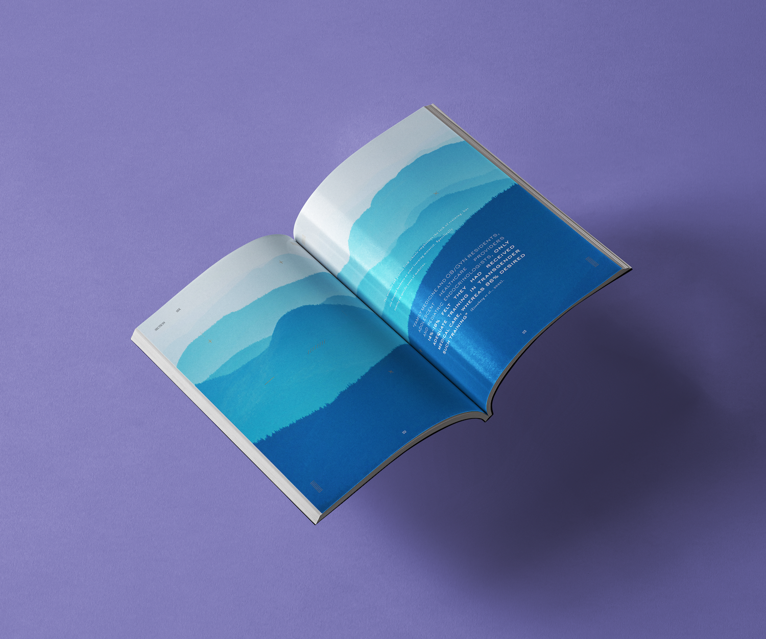 Open magazine floating against a soft purple backdrop, both pages filled with layered cyan and dark-blue gradients suggesting waves or mountain ridges, with small white text along the right page