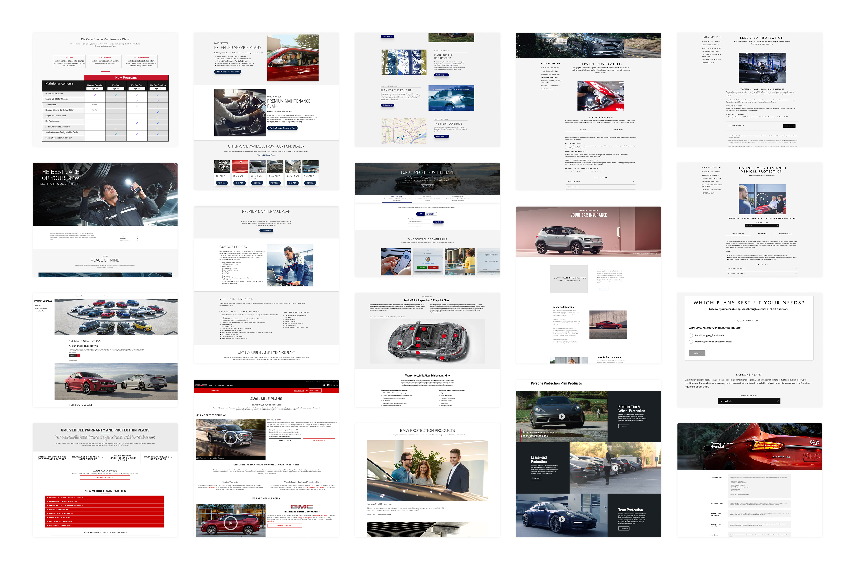 Vertical competitive audit board comparing in-vertical maintenance plan pages — Porsche's progressive-disclosure touts and other automotive brands — with annotations on hierarchy, comparison patterns, and recommendation flows.