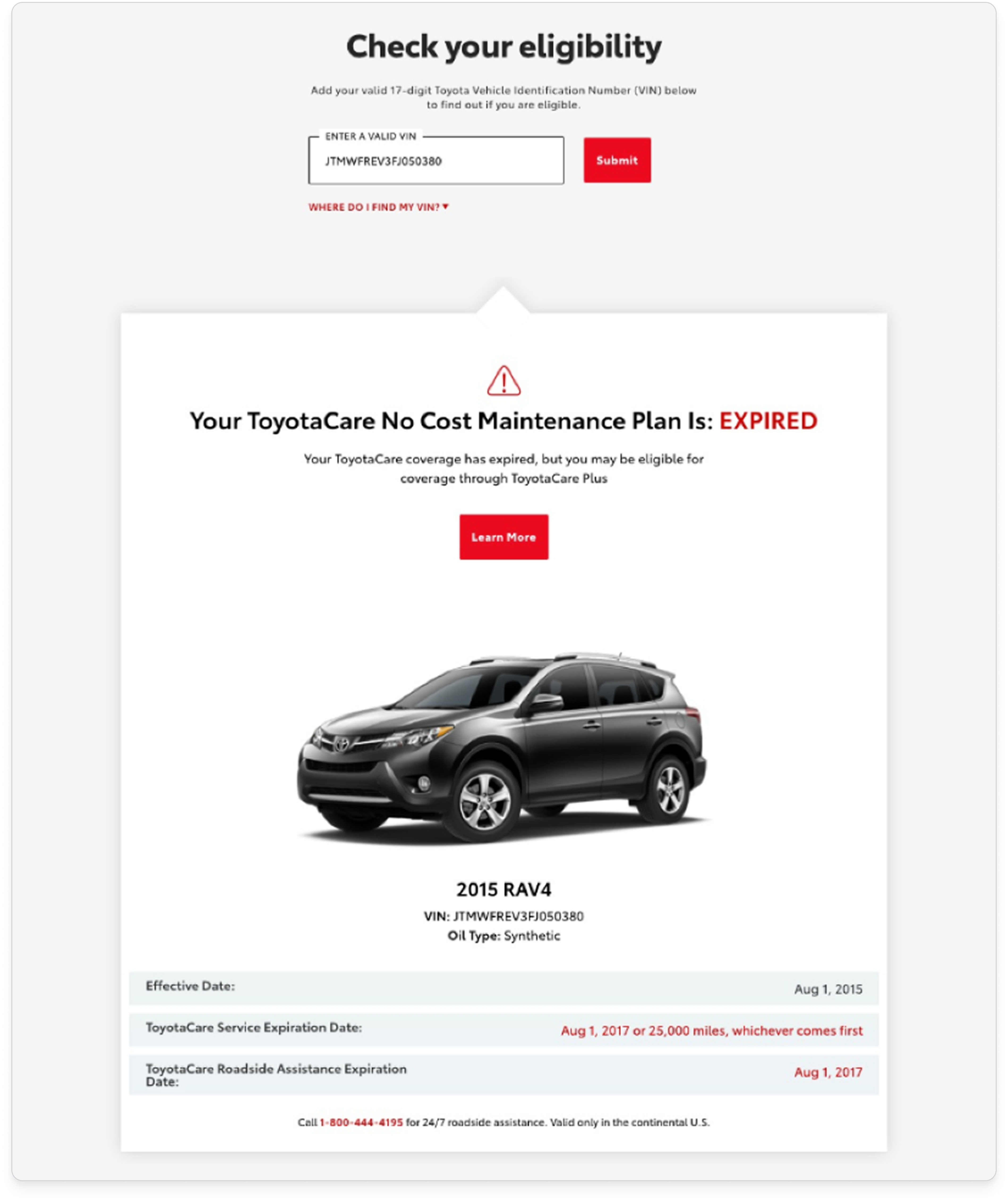 Existing logged-in maintenance plans page with a vehicle selected — plan information personalized to the user's Toyota but still split across the same disjointed sections.