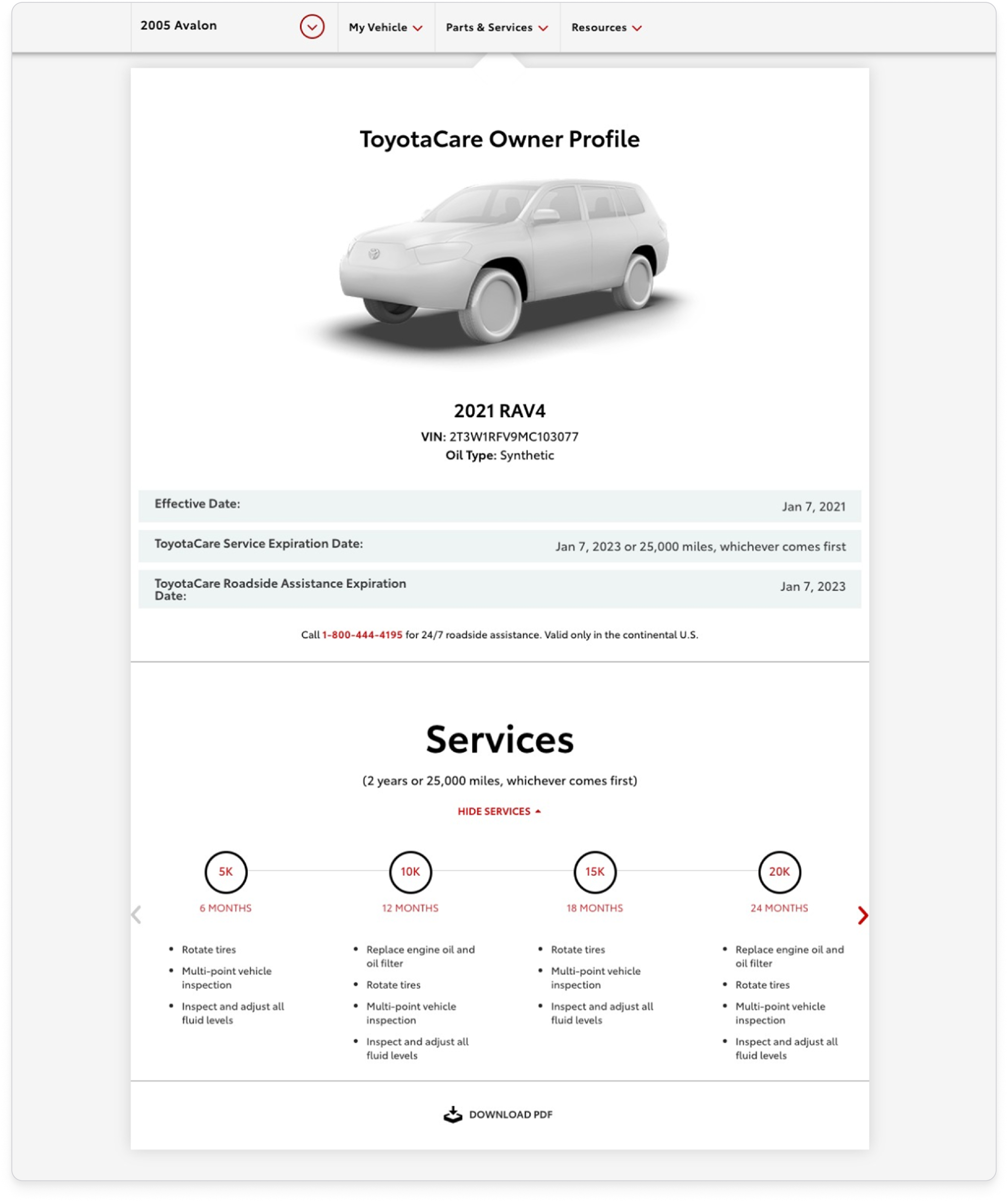 Existing logged-in detail view for a selected Toyota — coverage status and plan specifics shown without a clear recommendation or path forward.