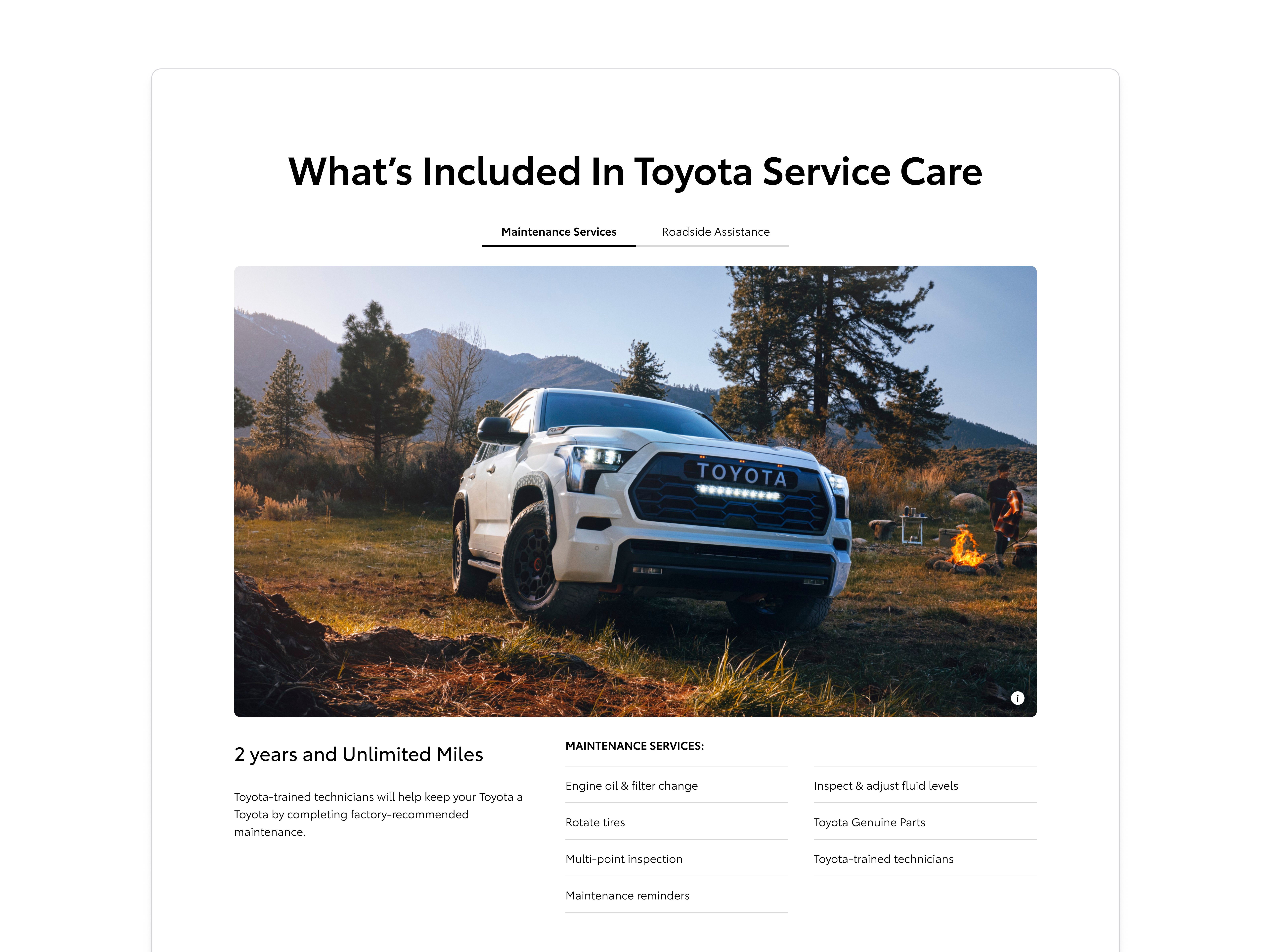 What's Included In Toyota Service Care panel with Maintenance Services and Roadside Assistance tabs, a hero photograph of a white Toyota Sequoia parked beside a campfire in a Sierra meadow at golden hour, and a 2 years and Unlimited Miles details section listing maintenance services like engine oil and filter change, rotate tires, multi-point inspection, maintenance reminders, inspect and adjust fluid levels, Toyota Genuine Parts, and Toyota-trained technicians.