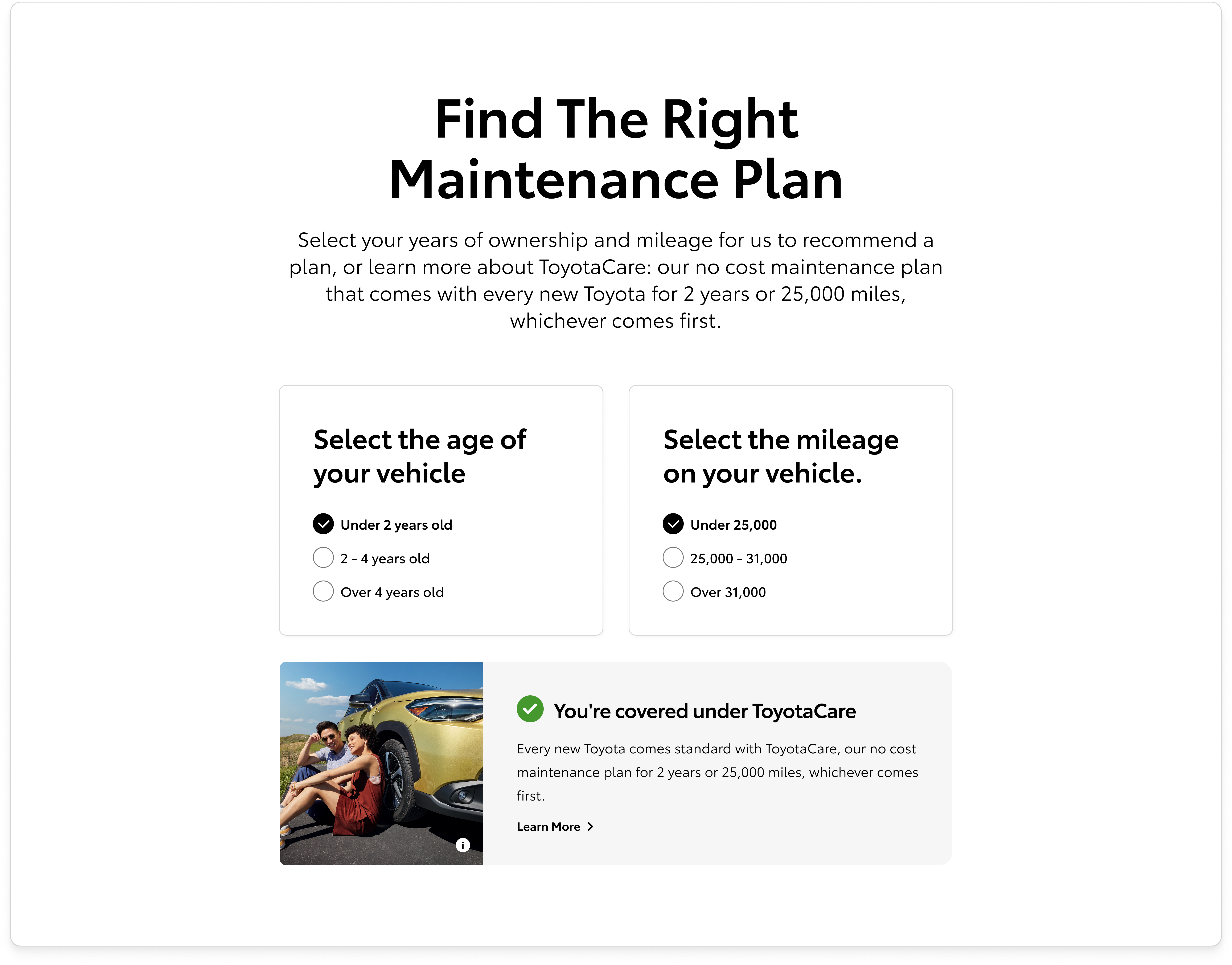 Recommendation component in its empty state — Select the age of your vehicle and Select the mileage on your vehicle radio groups, with no option chosen yet.