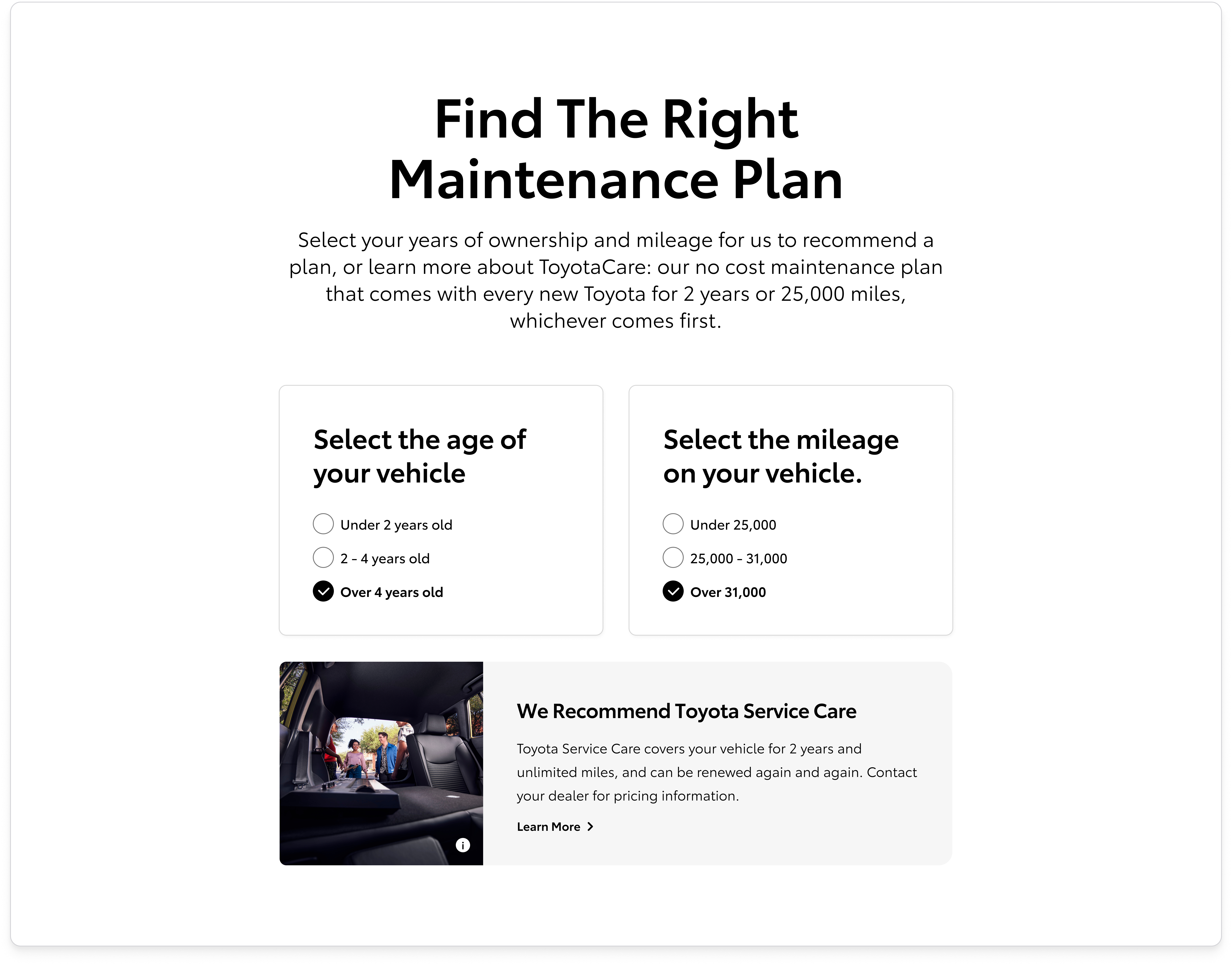 Recommendation component showing a personalized plan suggestion based on the owner's vehicle age and mileage, with a Contact A Dealer call to action.