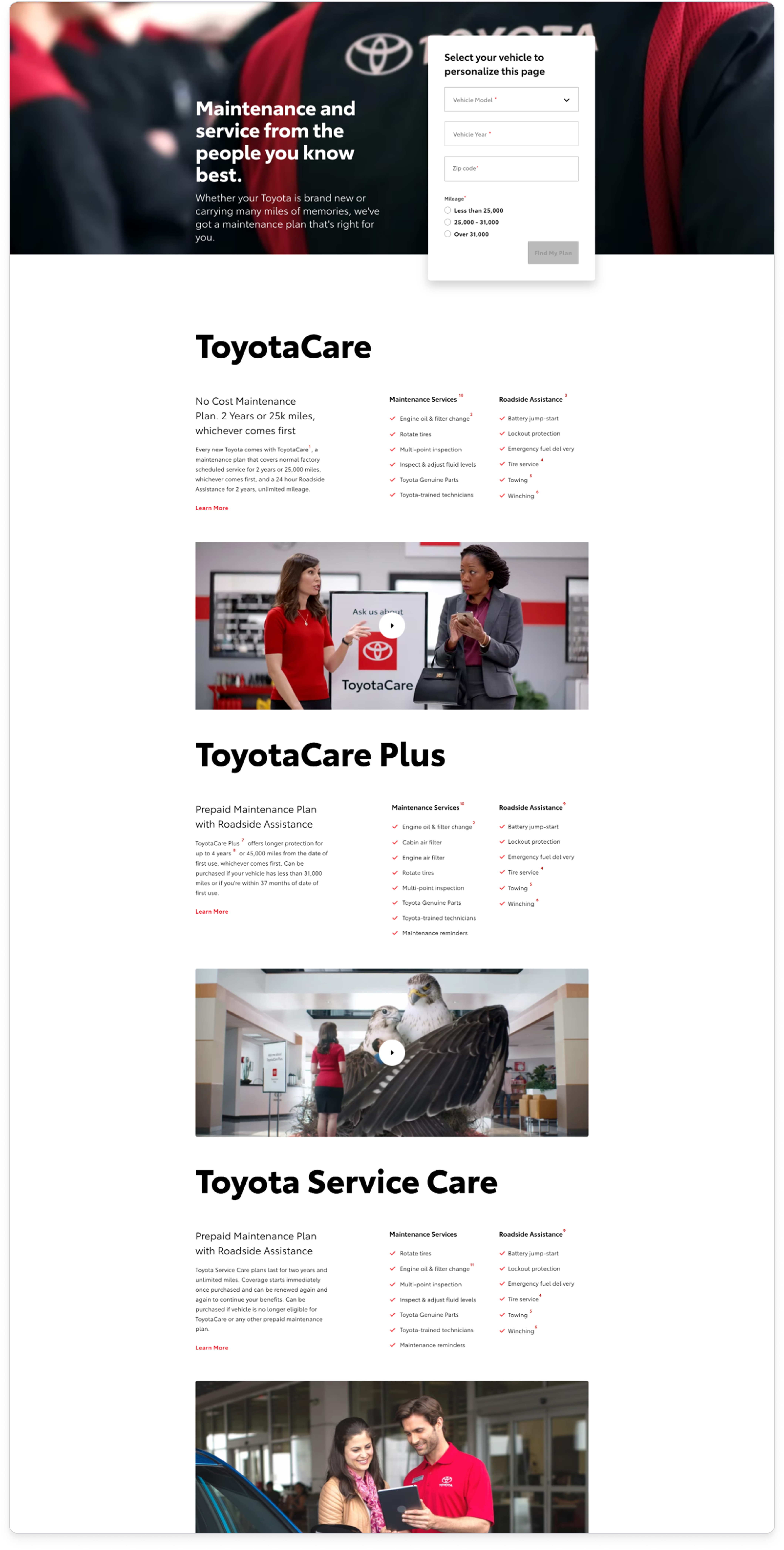 Existing ToyotaCare landing page on toyota.com — a hero with a Toyota-branded service technician, a vehicle-selector card, and stacked sections for ToyotaCare, ToyotaCare Plus, and Toyota Service Care, each with services, roadside assistance lists, and a Learn More link.