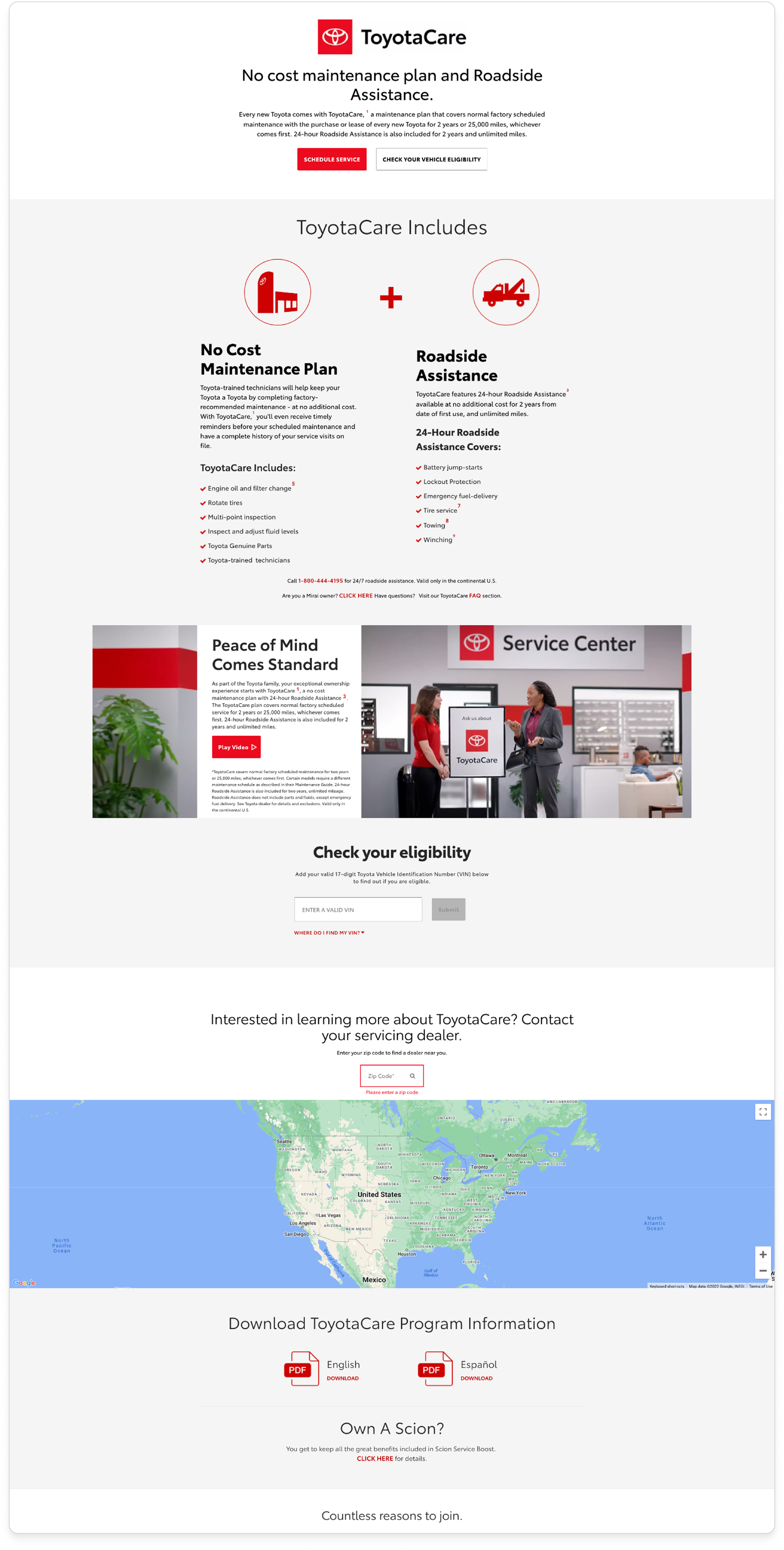 Existing standalone ToyotaCare Plus page repeating coverage details and roadside services with a separate hero and CTA — disconnected from the main landing page.