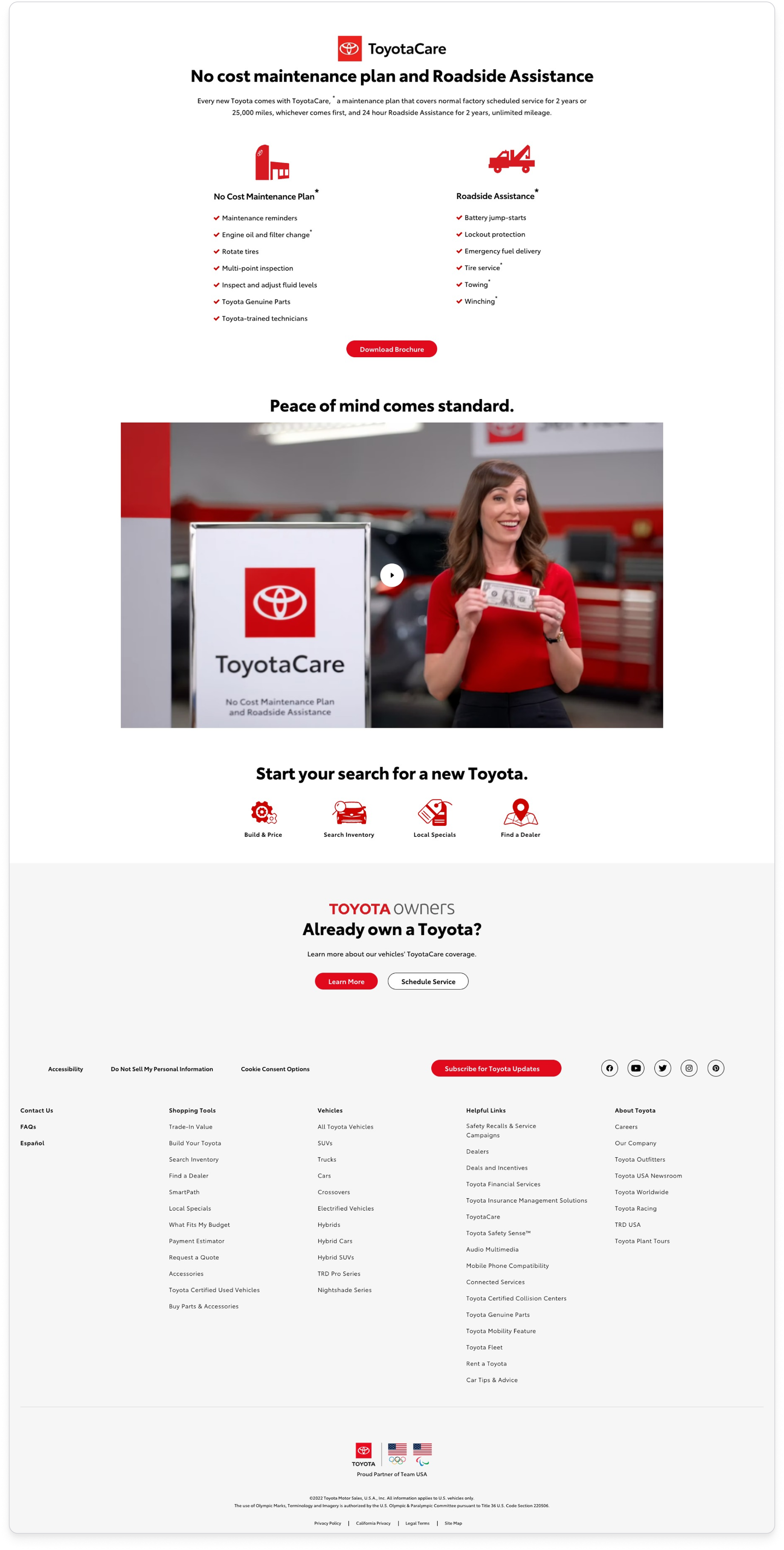 Existing standalone Toyota Service Care page restating the same maintenance and roadside benefits in a different layout — a third copy of overlapping content.