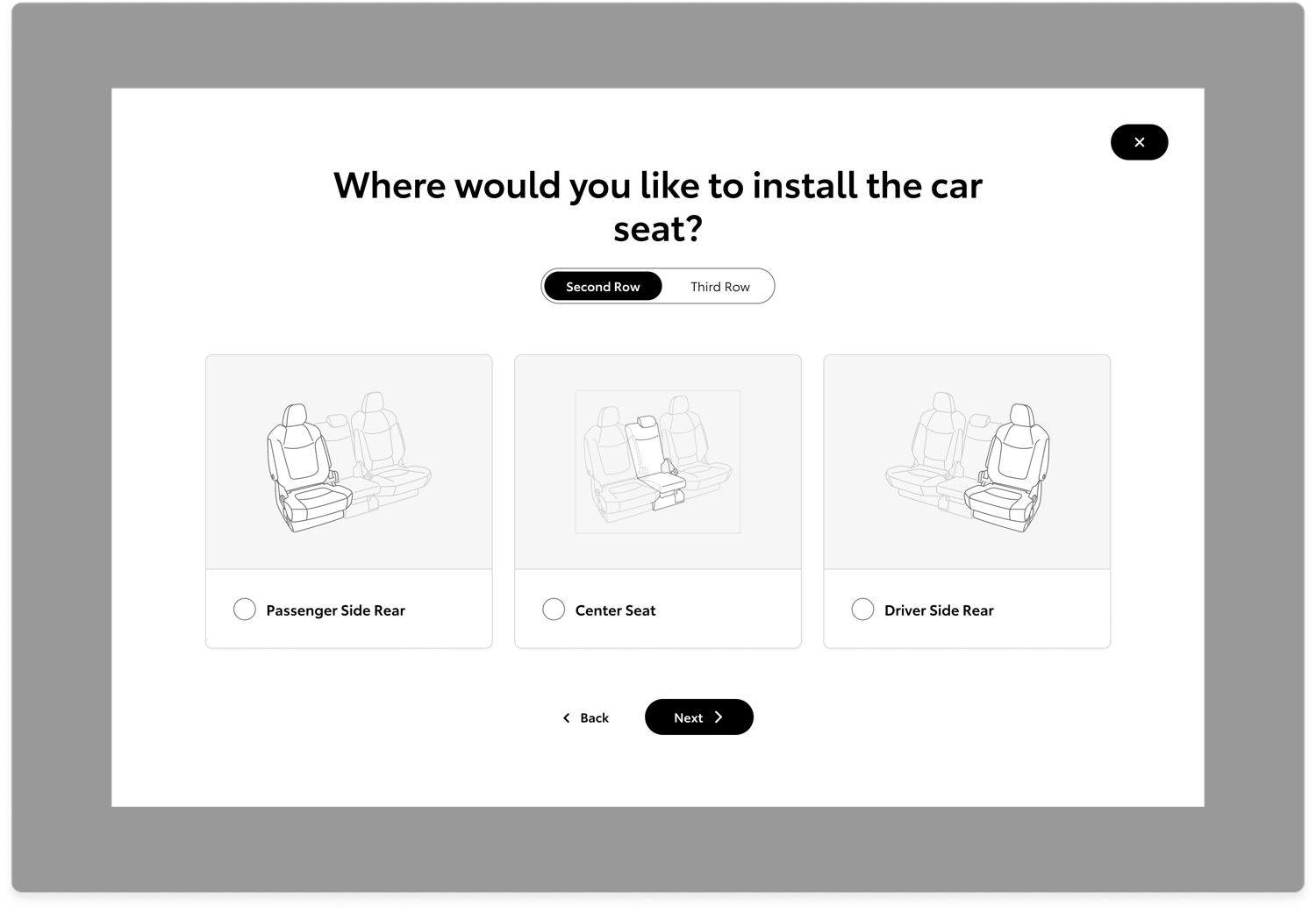 Child seat installation quiz modal asking Where would you like to install the car seat? with a Second Row / Third Row pill toggle and three line-illustrated seat option cards: Passenger Side Rear, Center Seat, and Driver Side Rear, with Back and Next buttons at the bottom.