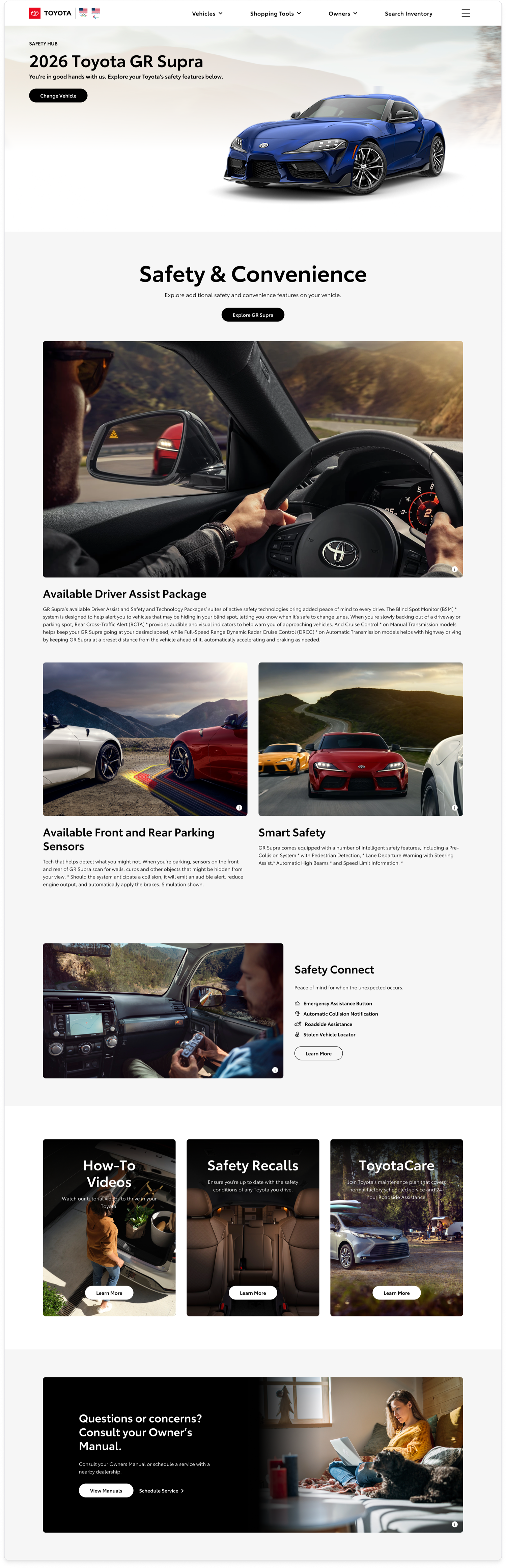 Logged-in Safety Hub personalized to a 2026 Toyota GR Supra — hero with the blue GR Supra, a Safety & Convenience section showing Available Driver Assist Package, Available Front and Rear Parking Sensors, and Smart Safety cards specific to this vehicle, plus a Safety Connect card and the standard footer cards.
