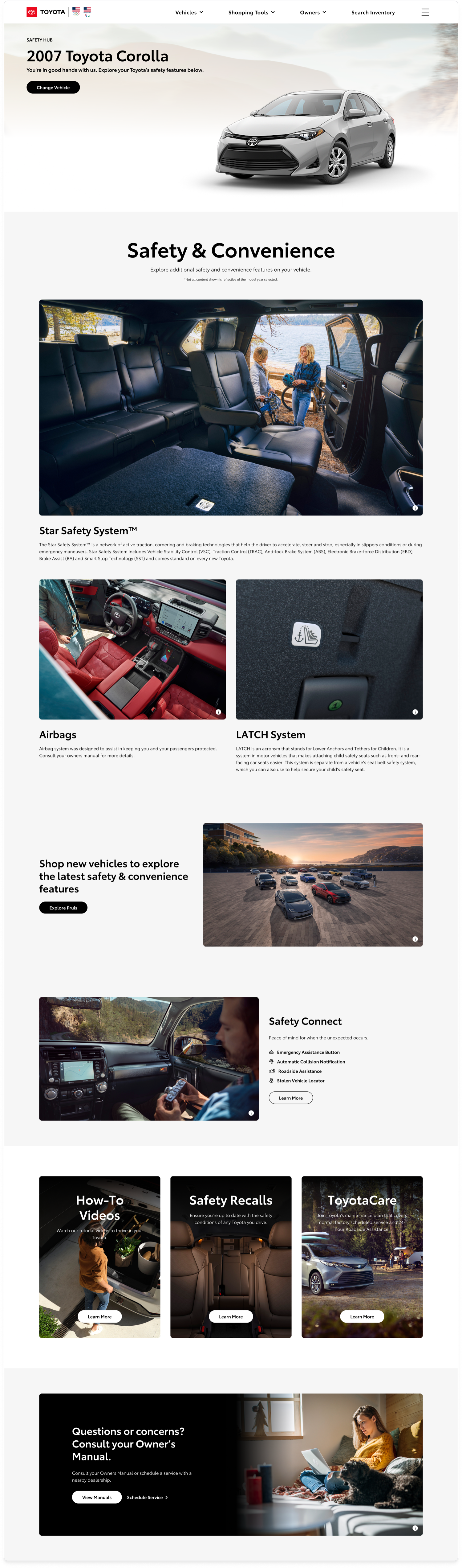 Logged-in Safety Hub fallback for a 2007 Toyota Corolla without Toyota Safety Sense — hero with the silver Corolla, a Safety & Convenience section that pivots to standard safety features with Star Safety System, Airbags, and LATCH System cards, a Shop new vehicles callout, and a Safety Connect card.