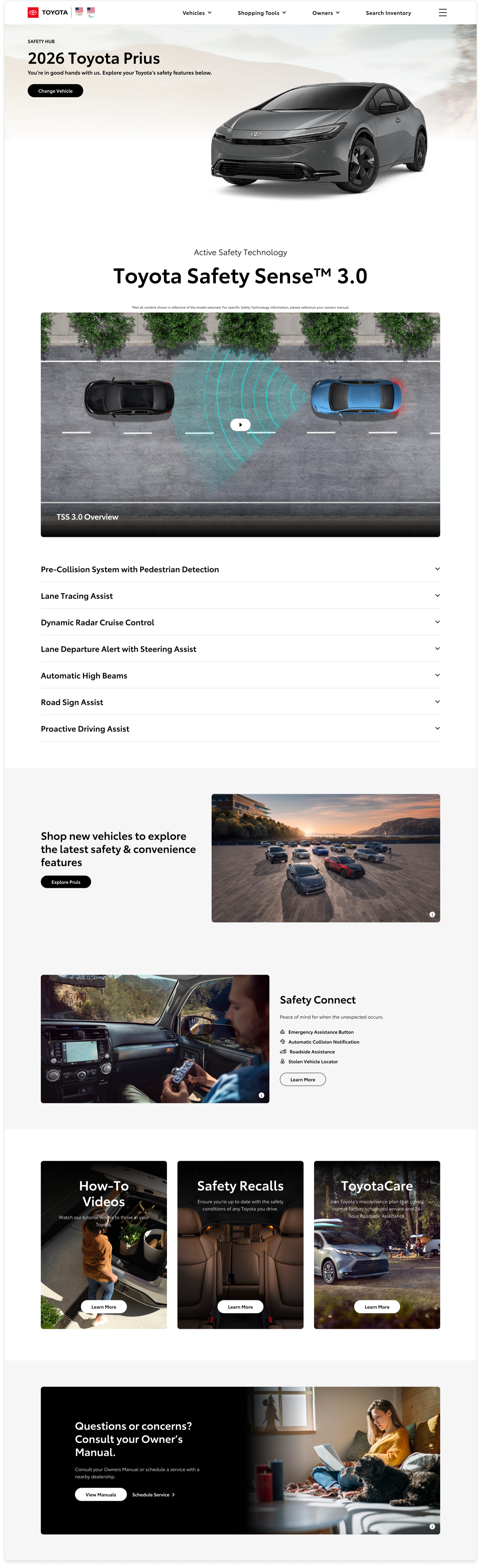 Logged-in Safety Hub personalized to a 2026 Toyota Prius — hero with the silver Prius, a Toyota Safety Sense 3.0 introduction tailored to this vehicle, the equipped TSS 3.0 feature list, a Shop new vehicles to explore the latest safety and convenience features callout, a Safety Connect card, and How-To Videos / Safety Recalls / ToyotaCare cards at the bottom.