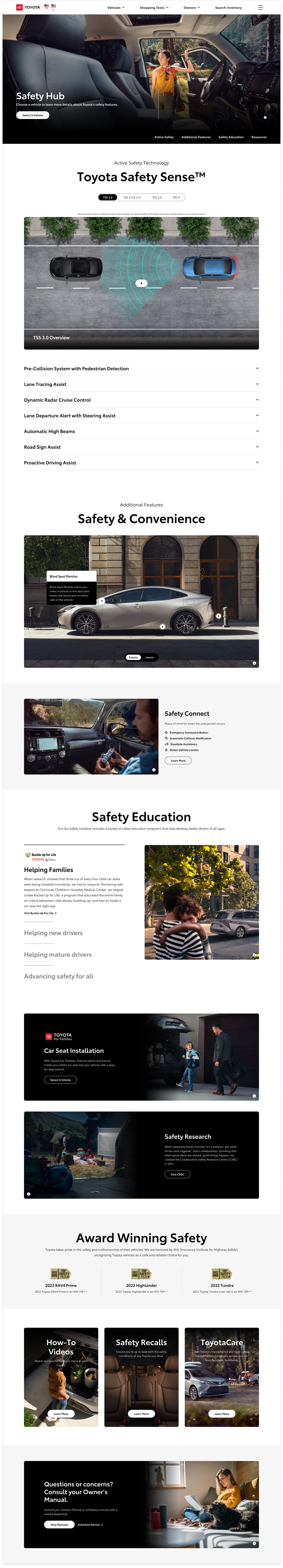 Logged-out Safety Hub for shoppers — header with Toyota nav and a Safety Hub family hero, a Toyota Safety Sense overhead-view introduction with feature list (Pre-Collision, Lane Tracing, Dynamic Radar Cruise Control, Lane Departure Alert, Automatic High Beams, Proactive Driving Assist), an Additional Features Safety & Convenience hub frame with a silver Prius, a Safety Connect card, a Safety Education section with Helping Families, Helping new drivers, and Reinforcing safety for all sub-sections, an Award Winning Safety strip, and How-To Videos / Safety Recalls / ToyotaCare cards.